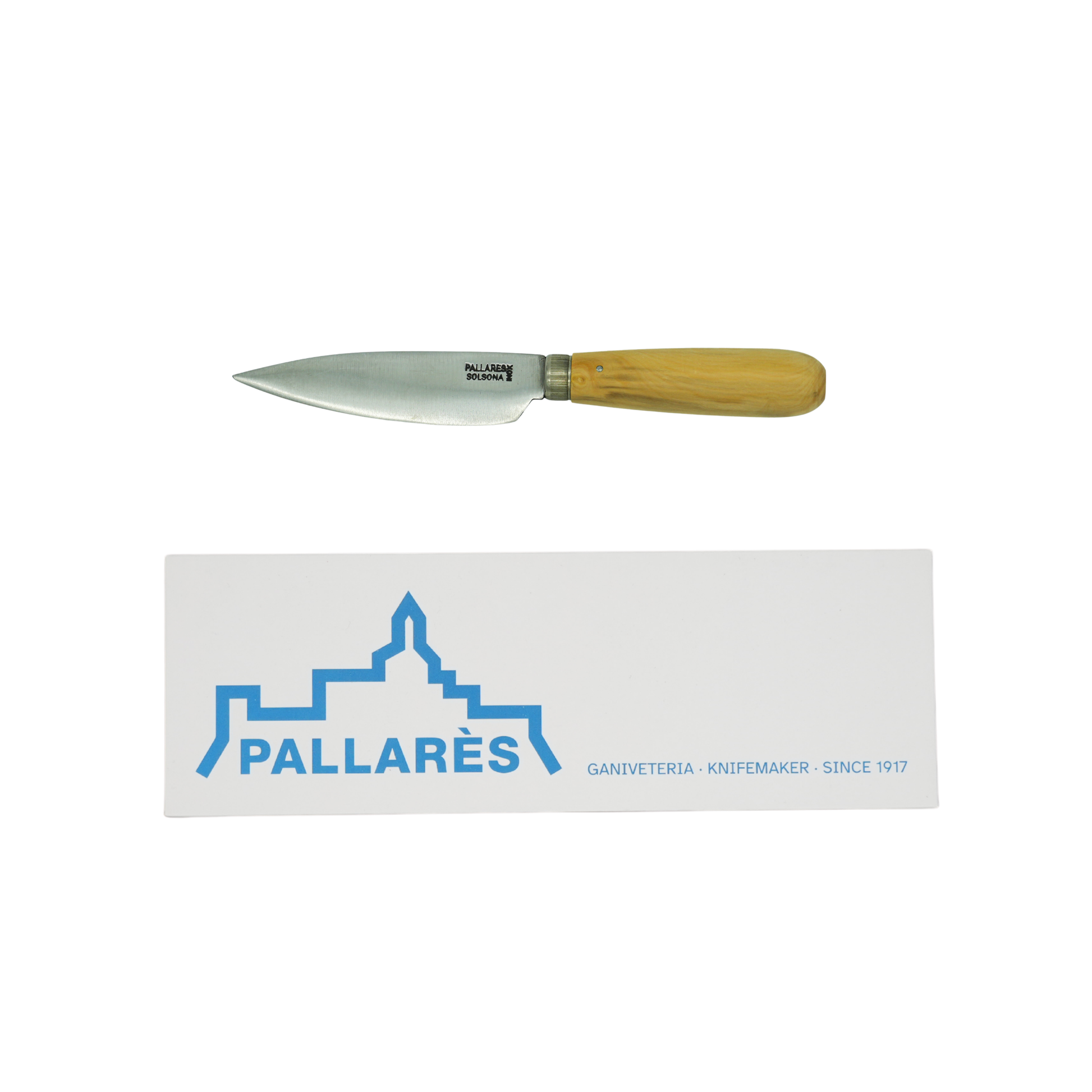 Showing the knife and the box from Pallares Solsona Kitchen Knife 9cm Wide Blade Stainless Steel Boxwood Handle