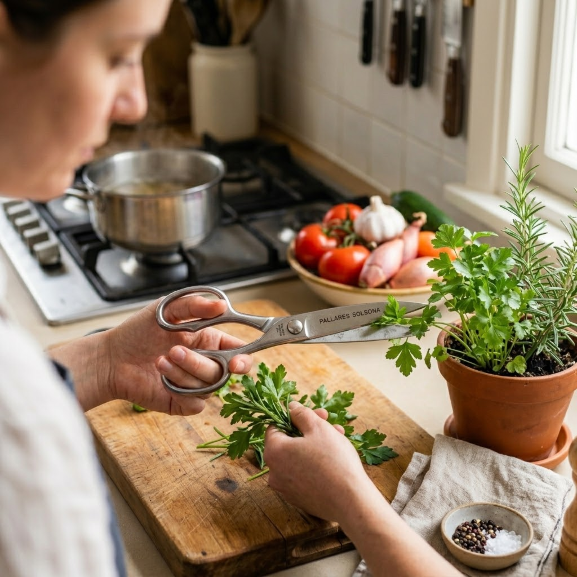 Pallares Solsona Kitchen Scissors Master 20cm Stainless Steel shown in use in the kitchen.