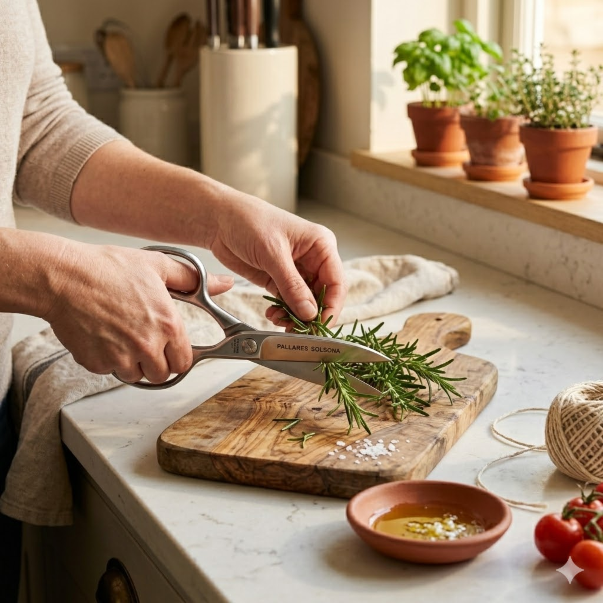 Pallares Solsona Kitchen Scissors Professional 24cm Stainless Steel shown in use in the kitchen.