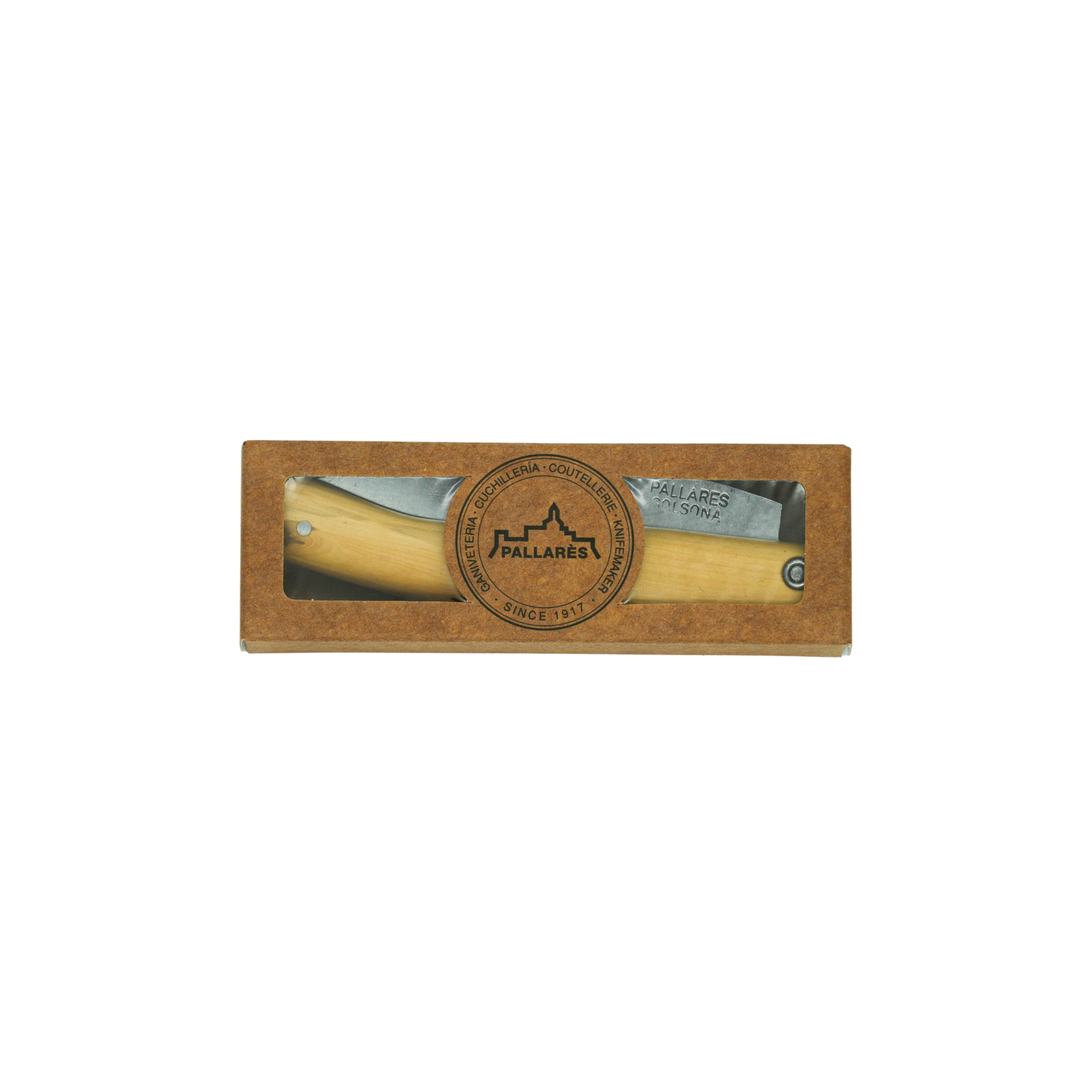Shown inside a paper box, the Pallares Solsona Pocket Knife Busa 8cm Carbon Steel Boxwood Handle