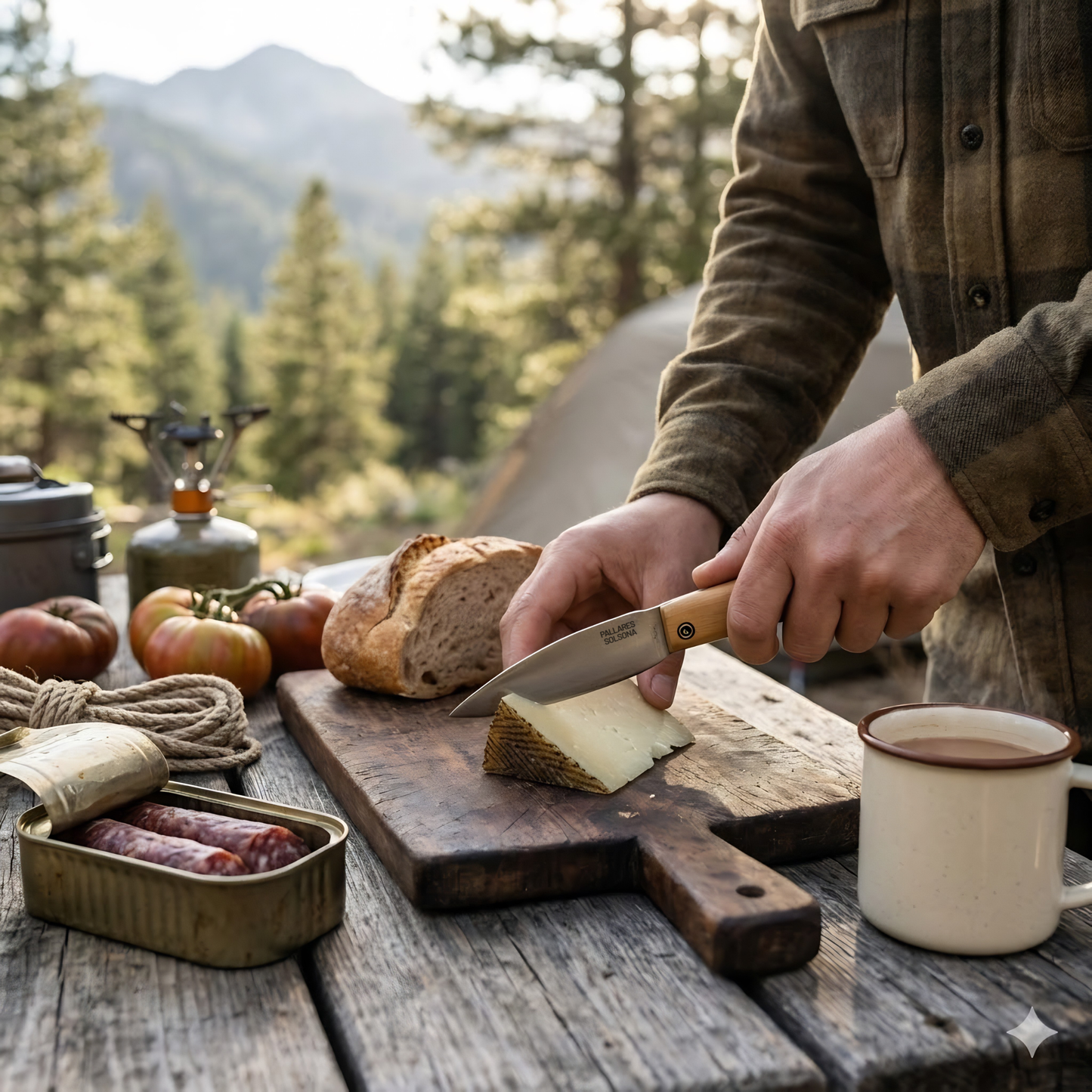 Showing the Pallares Solsona Pocket Knife Busa 8cm Carbon Steel Boxwood Handle in use in camping.