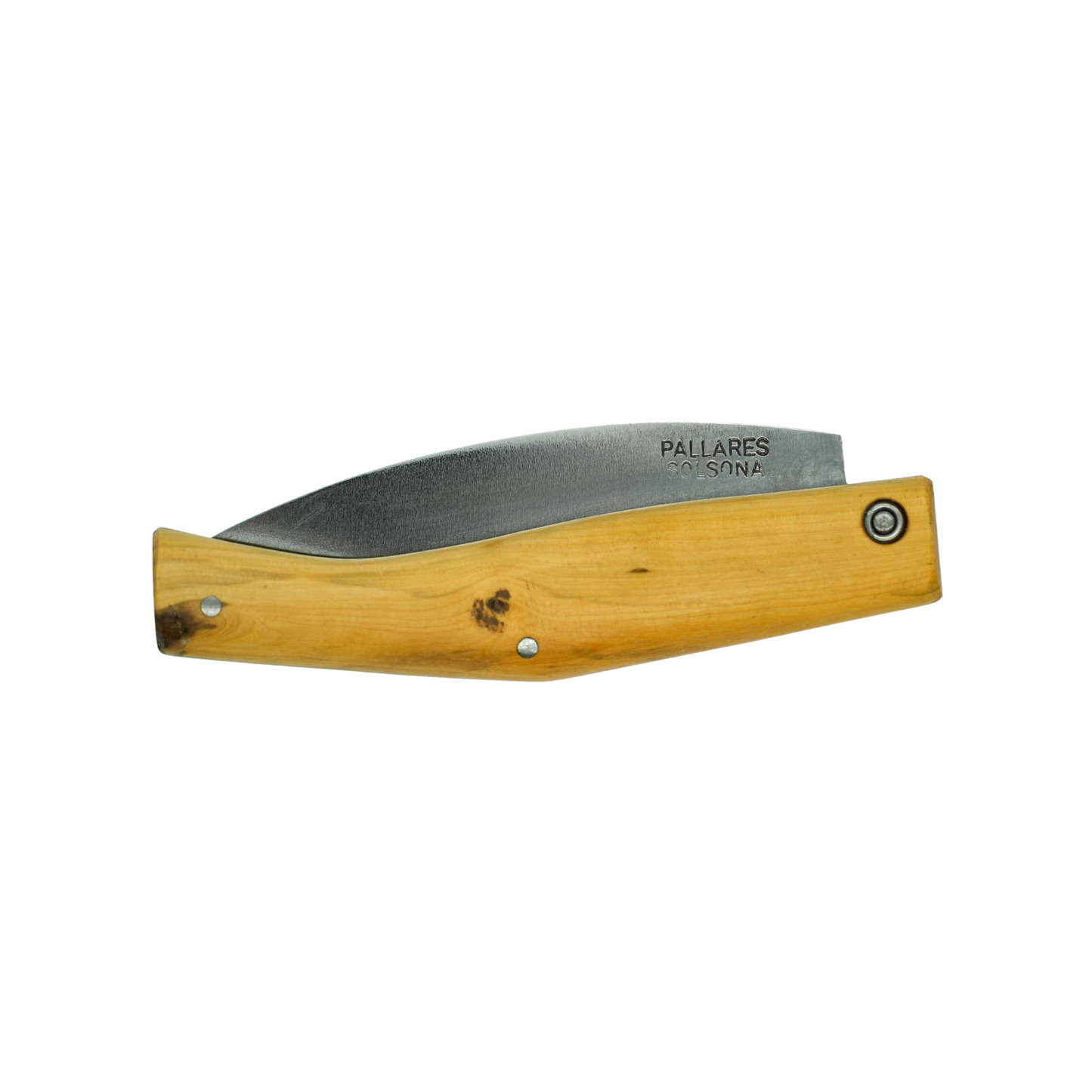 Close up on the side view of the close knife showing the logo, from the Pallares Solsona Pocket Knife Busa 8cm Carbon Steel Boxwood Handle