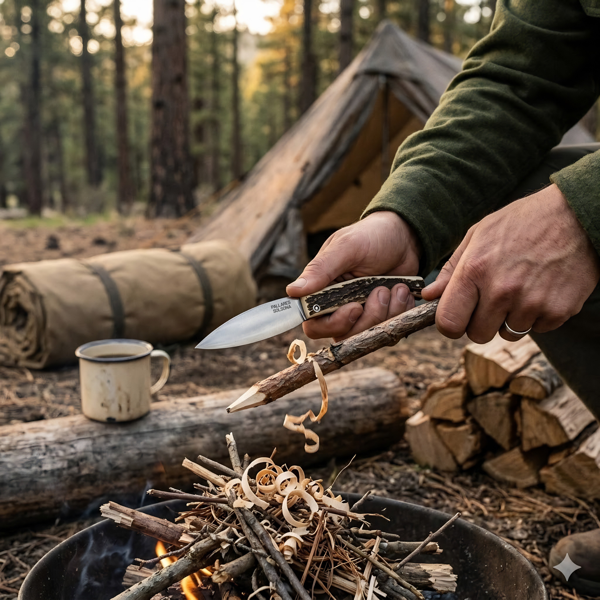 Showing the Pallares Solsona Pocket Knife Busa 8cm Carbon Steel Deer Horn Handle in use in camping.