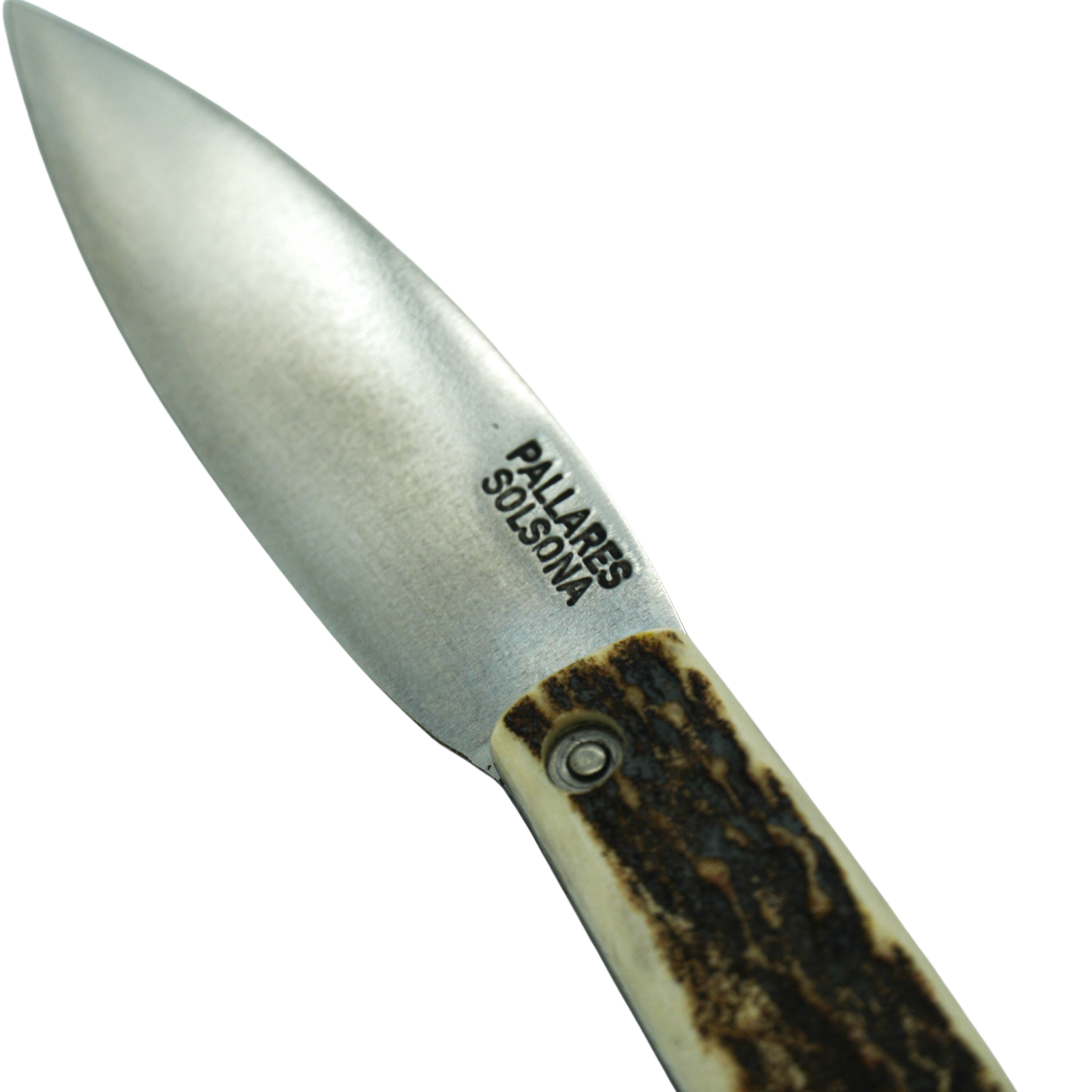 Close up on the logo on the knife blade from Pallares Solsona Pocket Knife Busa 8cm Carbon Steel Deer Horn Handle