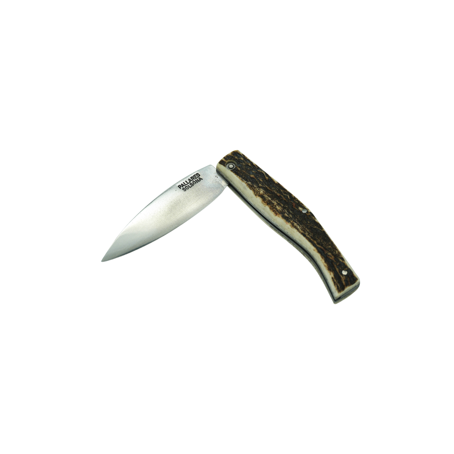 Semi folded view of the Pallares Solsona Pocket Knife Busa 8cm Carbon Steel Deer Horn Handle