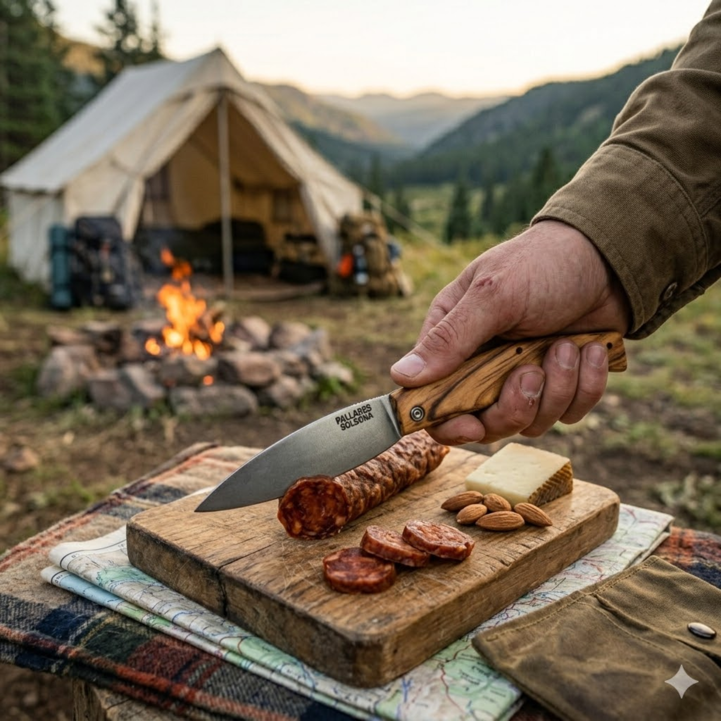 Showing the Pallares Solsona Pocket Knife Busa 8cm Carbon Steel Olive Wood Handle in use in camping.
