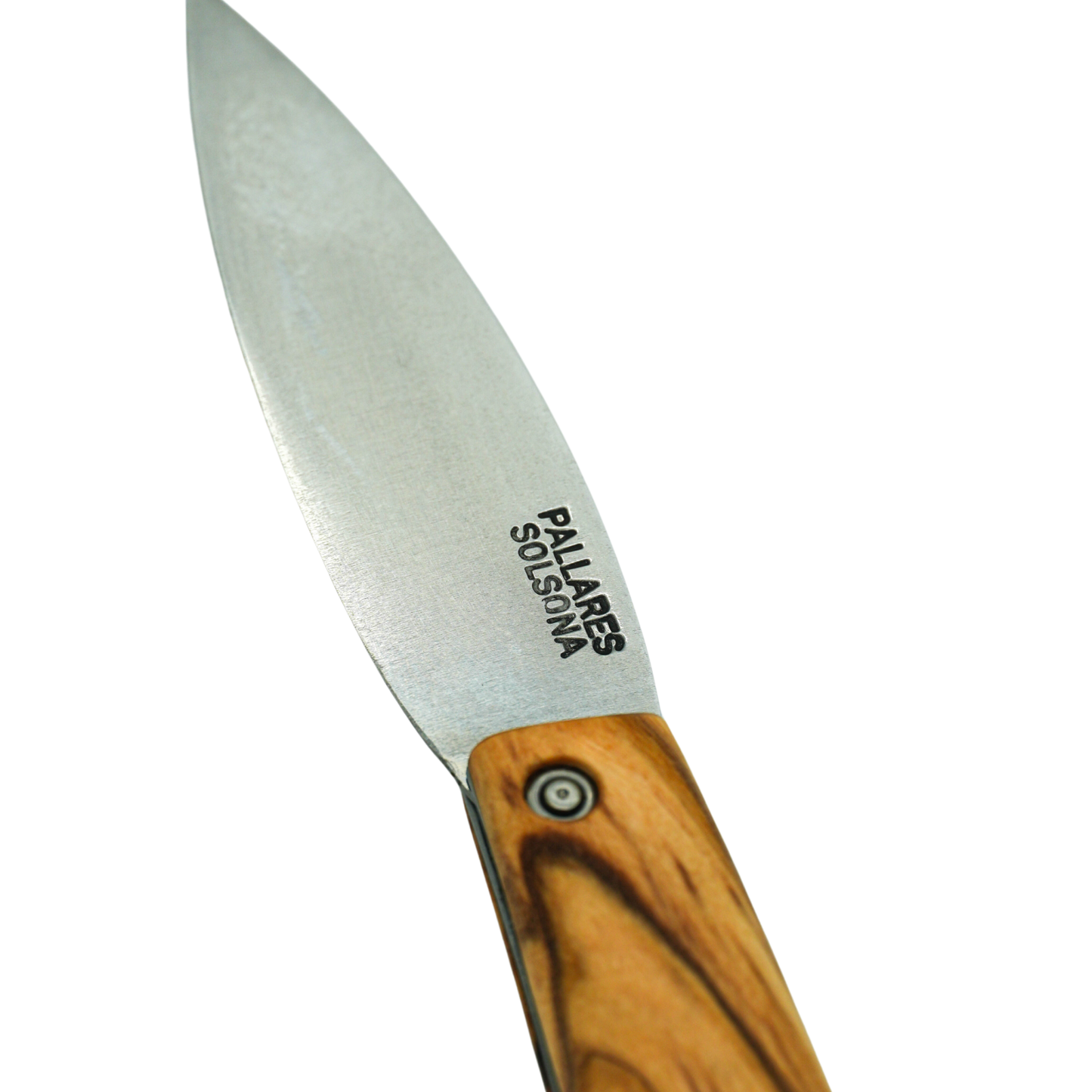 Close up on the logo on the knife blade from Pallares Solsona Pocket Knife Busa 8cm Carbon Steel Olive Wood Handle