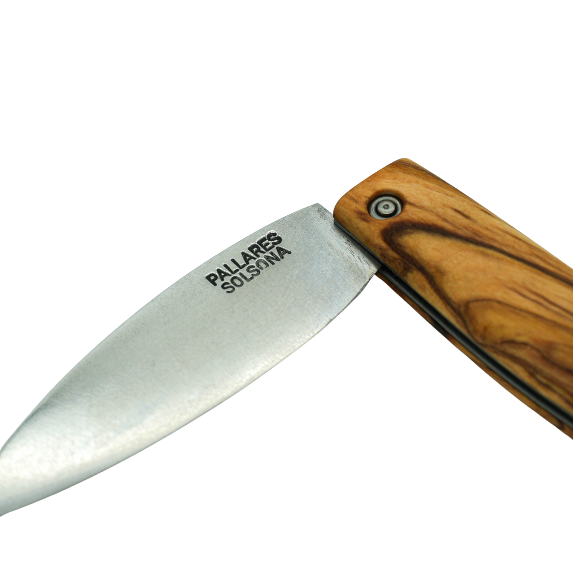 Close up on the Semi folded Pallares Solsona Pocket Knife Busa 8cm Carbon Steel Olive Wood Handle