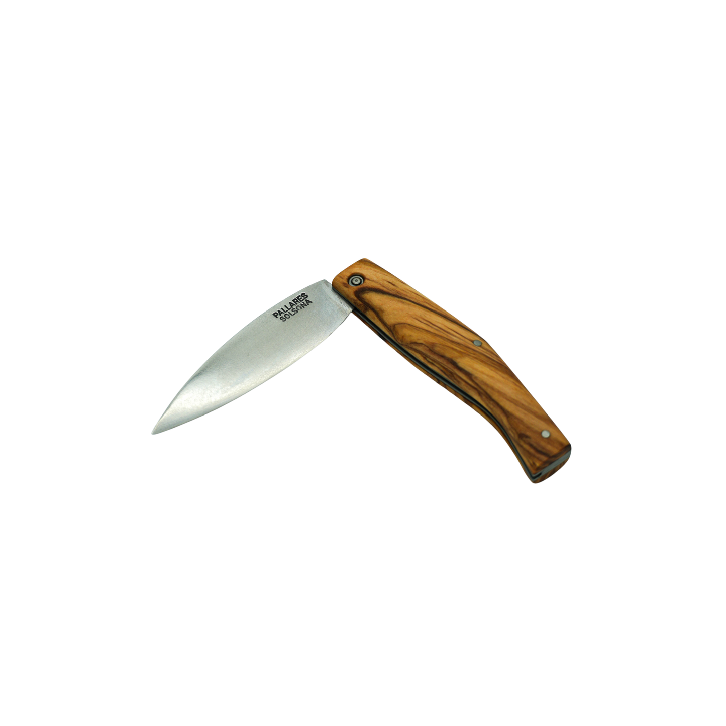 Semi folded view of the Pallares Solsona Pocket Knife Busa 8cm Carbon Steel Olive Wood Handle