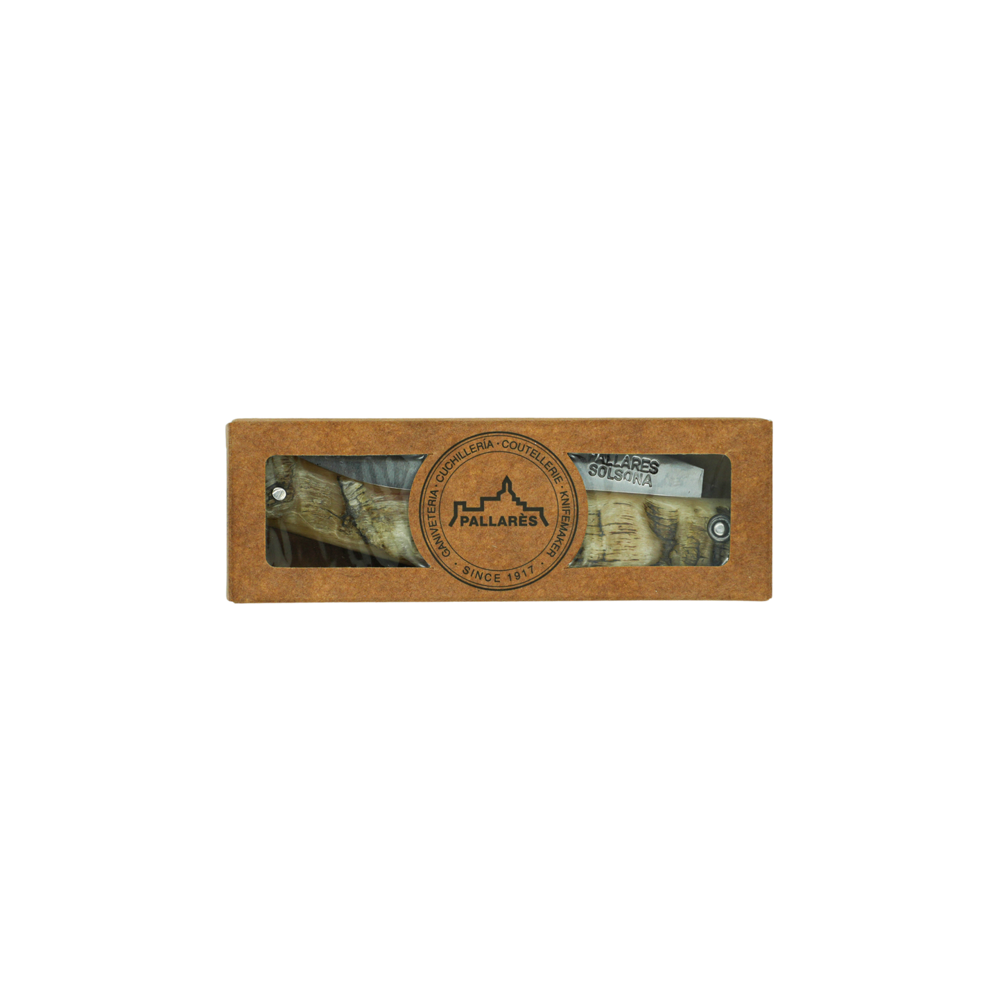 Shown inside a paper box, the Pallares Solsona Pocket Knife Busa 8cm Carbon Steel Ram Horn Handle