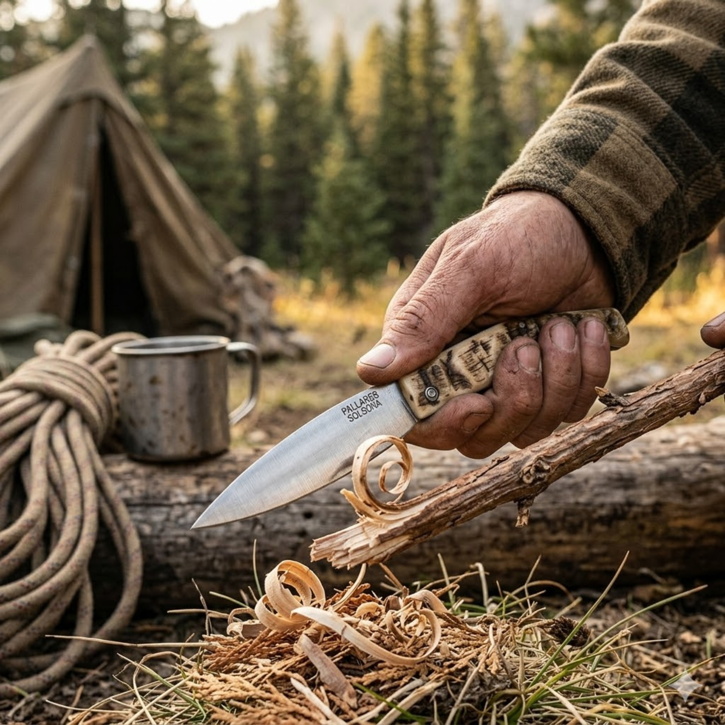 Showing the Pallares Solsona Pallares Solsona Pocket Knife Busa 8cm Carbon Steel Ram Horn Handle in use in camping.