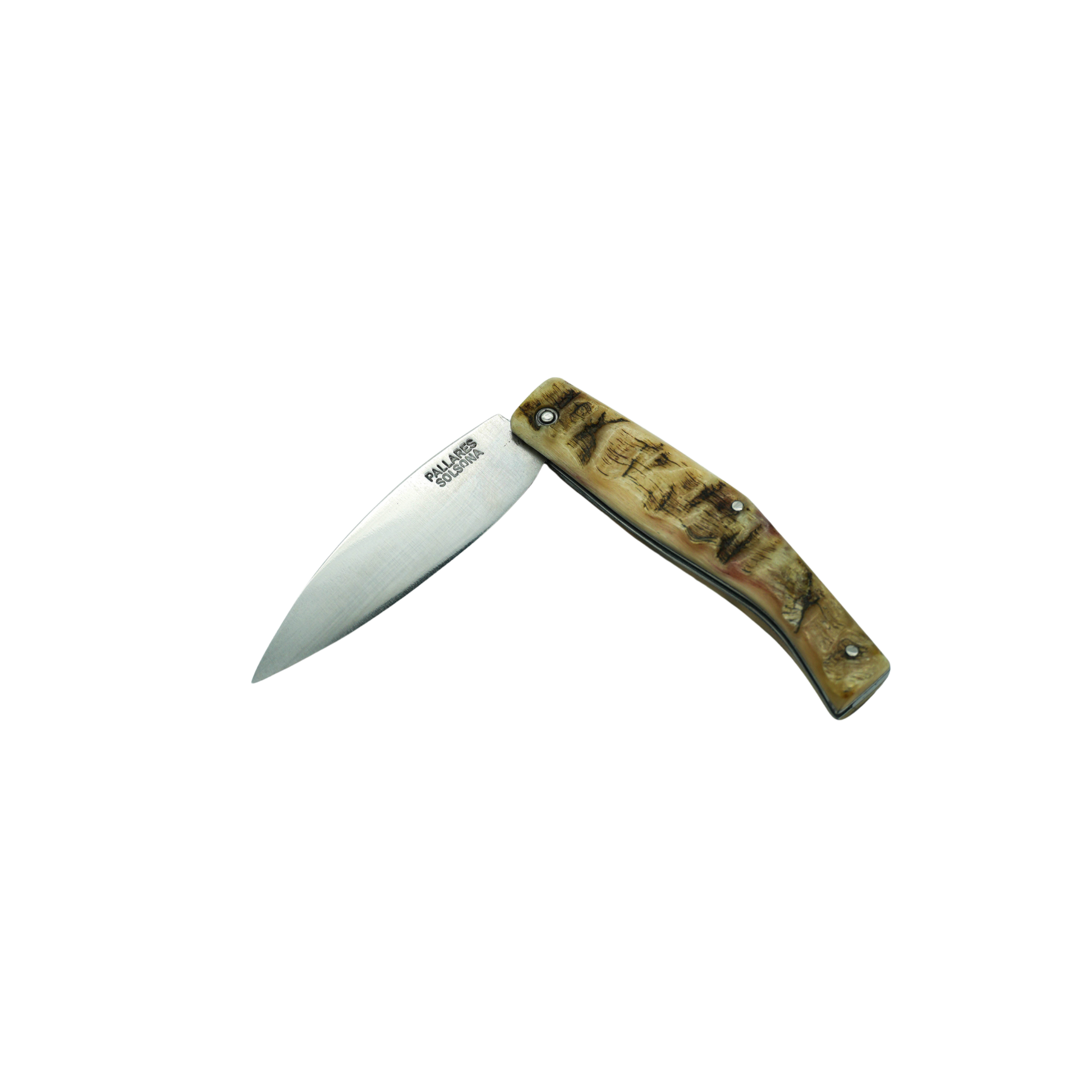 Semi folded view of the Pallares Solsona Pocket Knife Busa 8cm Carbon Steel Ram Horn Handle