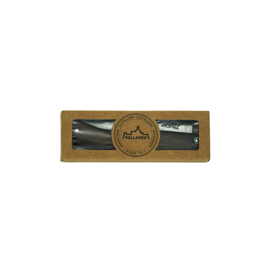 Shown inside a paper box, the Pallares Solsona Pocket Knife Busa 8cm Carbon Steel Rosewood Handle