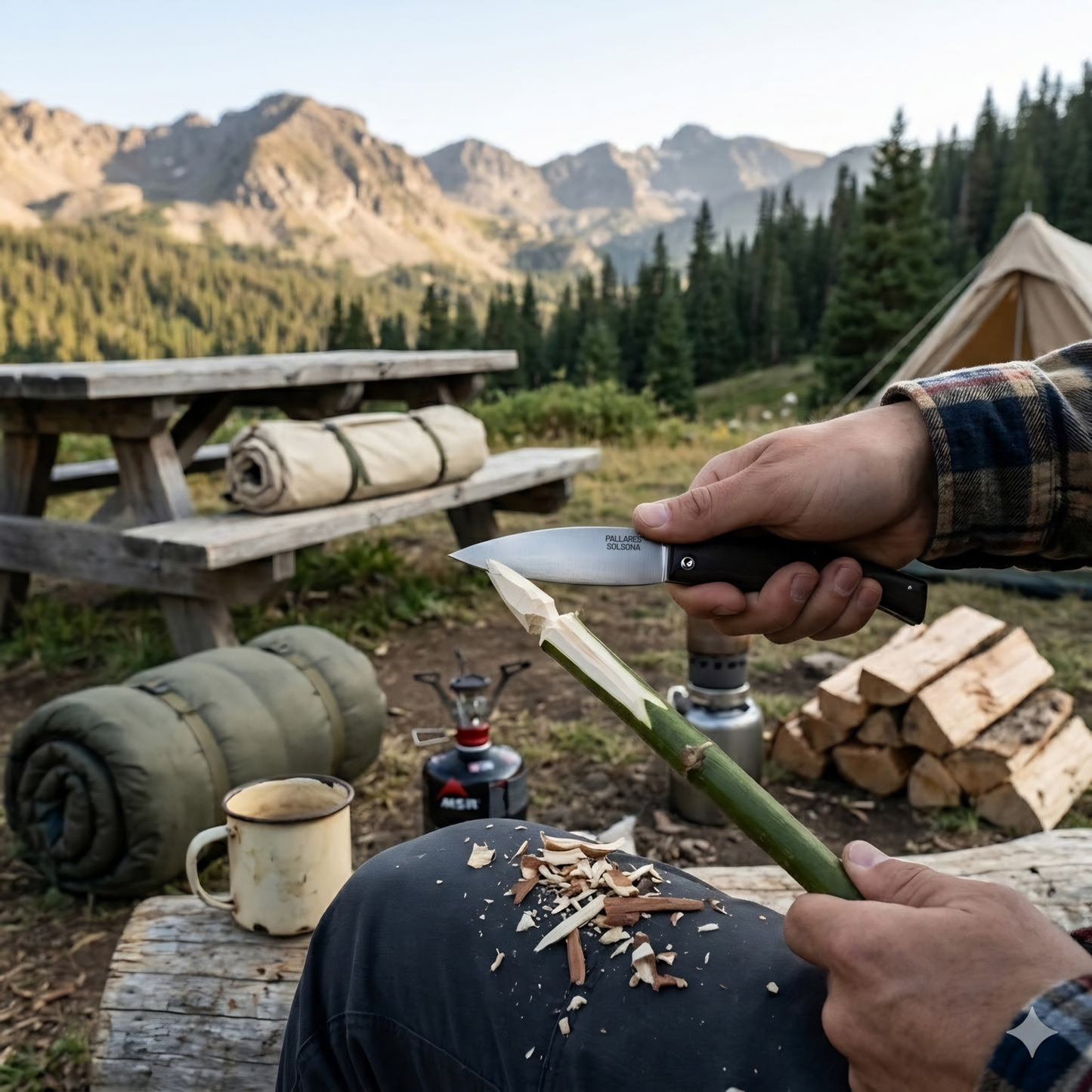 Showing the Pallares Solsona Pocket Knife Busa 8cm Carbon Steel Rosewood Handle in use in camping.