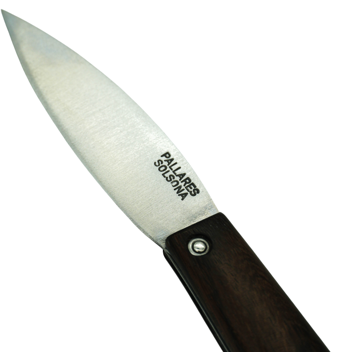 Close up on the logo on the knife blade from Pallares Solsona Pocket Knife Busa 8cm Carbon Steel Rosewood Handle