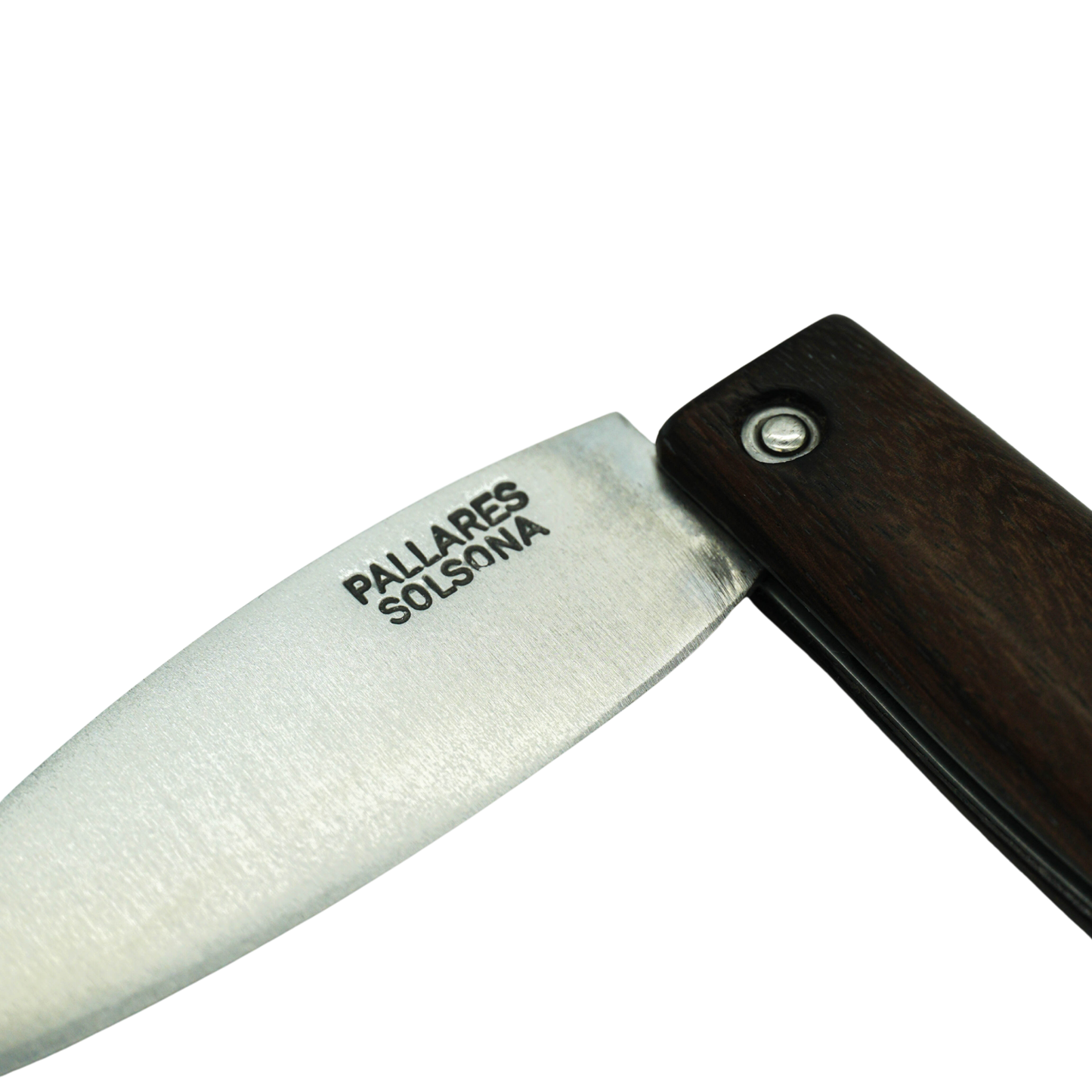 Close up on the logo of the semi folded view of the Pallares Solsona Pocket Knife Busa 8cm Carbon Steel Rosewood Handle