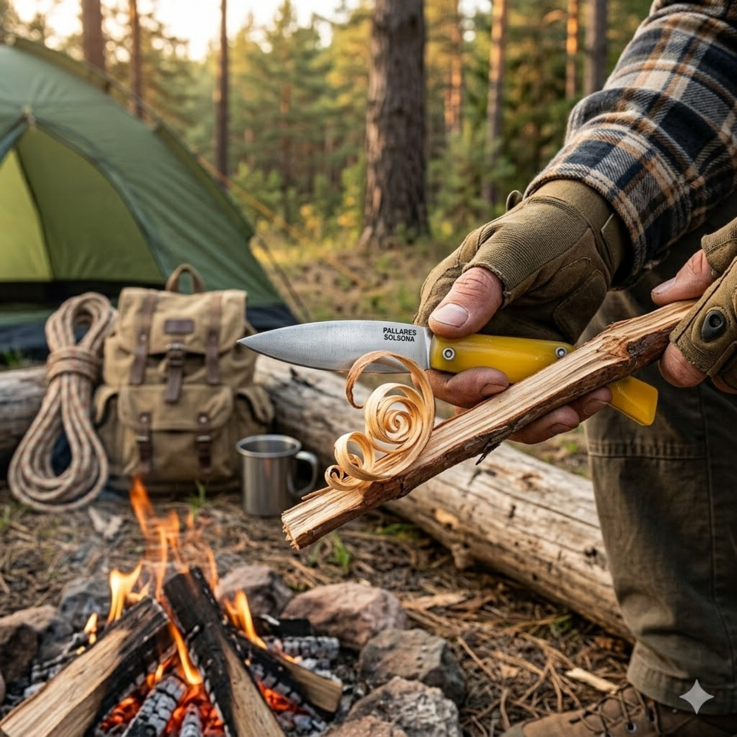Showing the Pallares Solsona Pocket Knife Comun 10cm Carbon Steel Plastic Handle in use in camping.