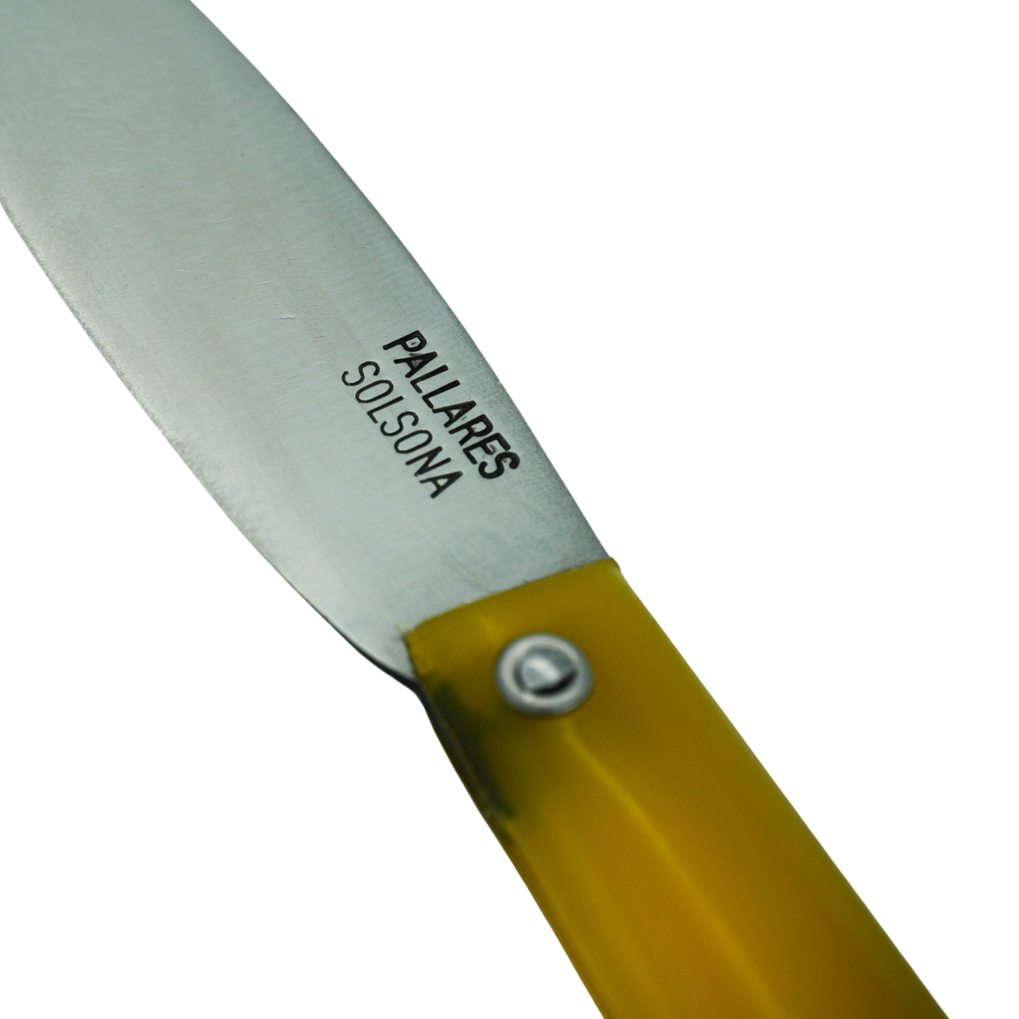 Close up on the logo on the knife blade from Pallares Solsona Pocket Knife Comun 10cm Carbon Steel Plastic Handle