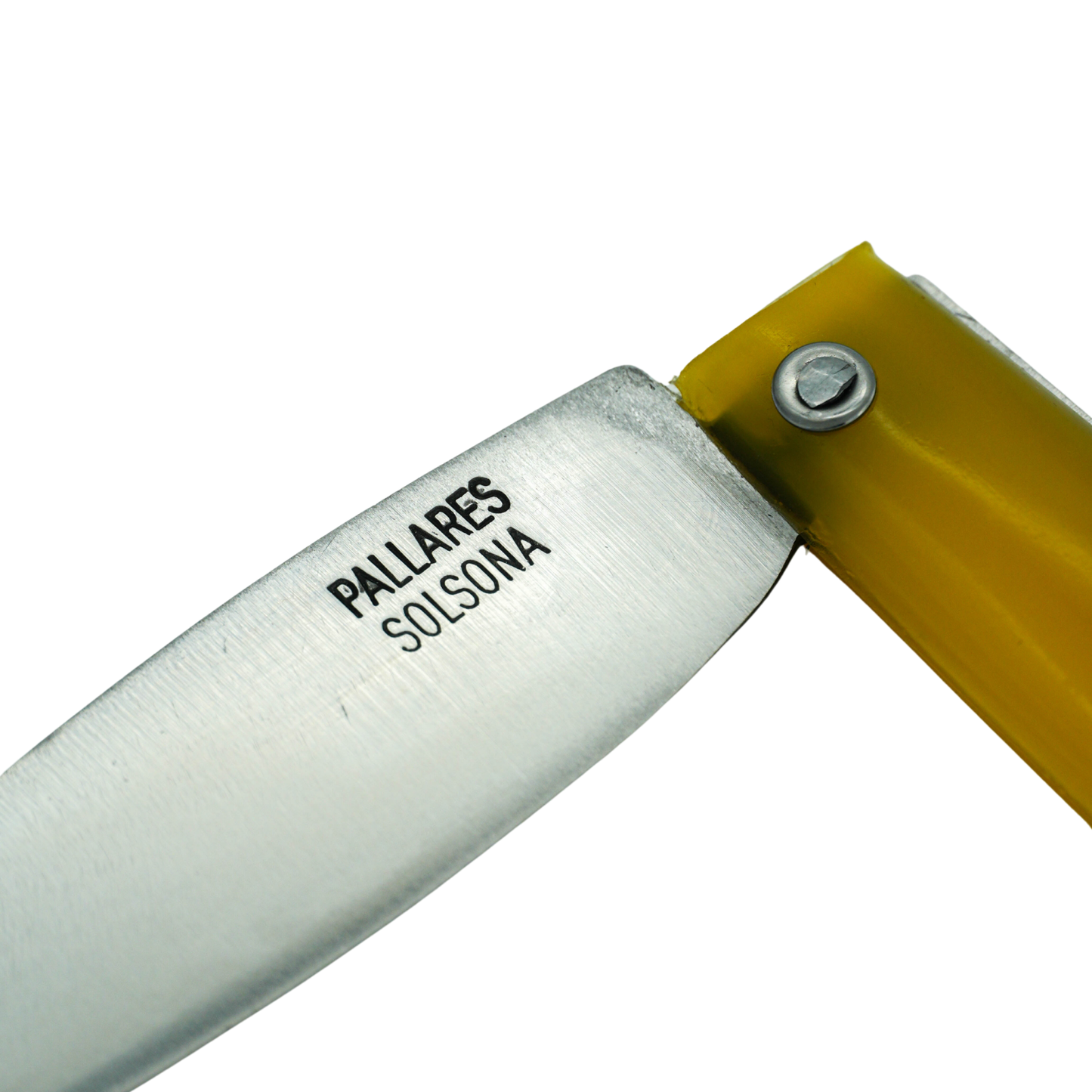 Close up on the logo of the semi folded view of the Pallares Solsona Pocket Knife Comun 10cm Carbon Steel Plastic Handle