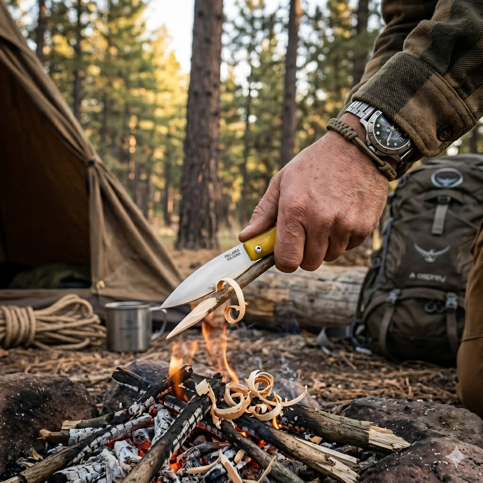 Showing the Pallares Solsona Pocket Knife Comun 8cm Carbon Steel Plastic Handle in use in camping.