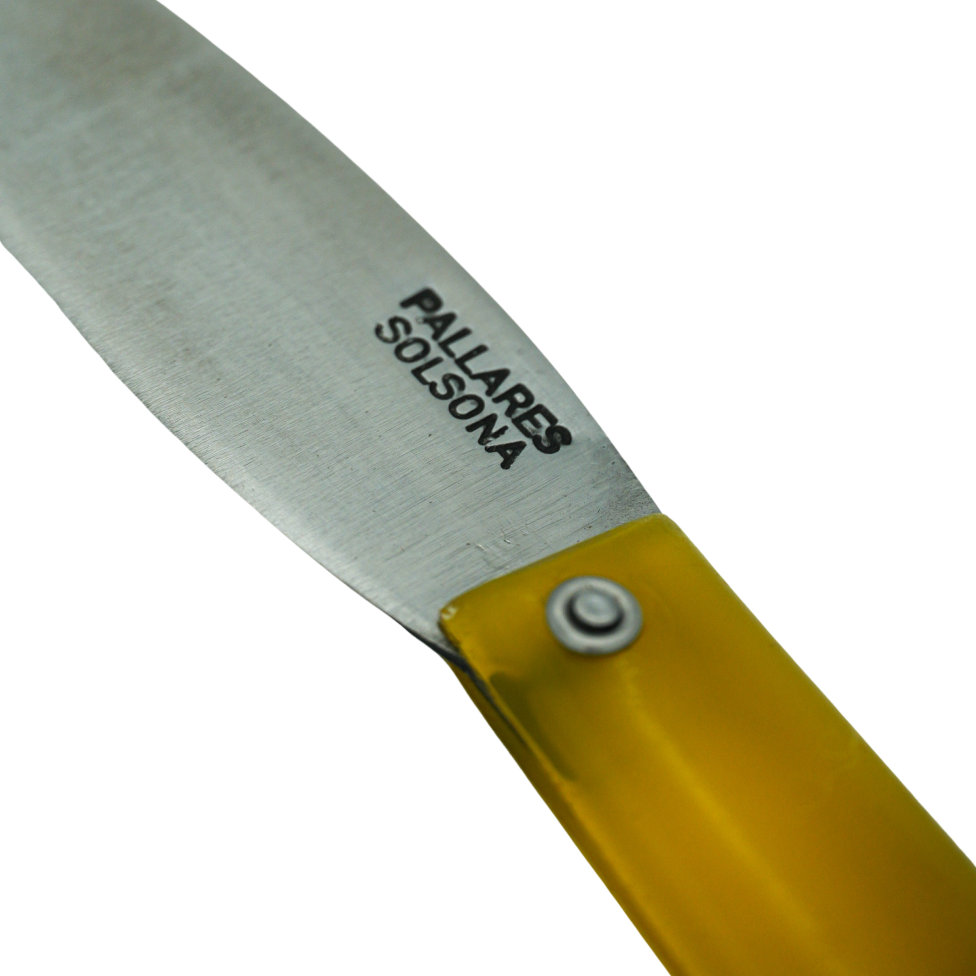Close up on the logo on the knife blade from Pallares Solsona Pocket Knife Comun 8cm Carbon Steel Plastic Handle