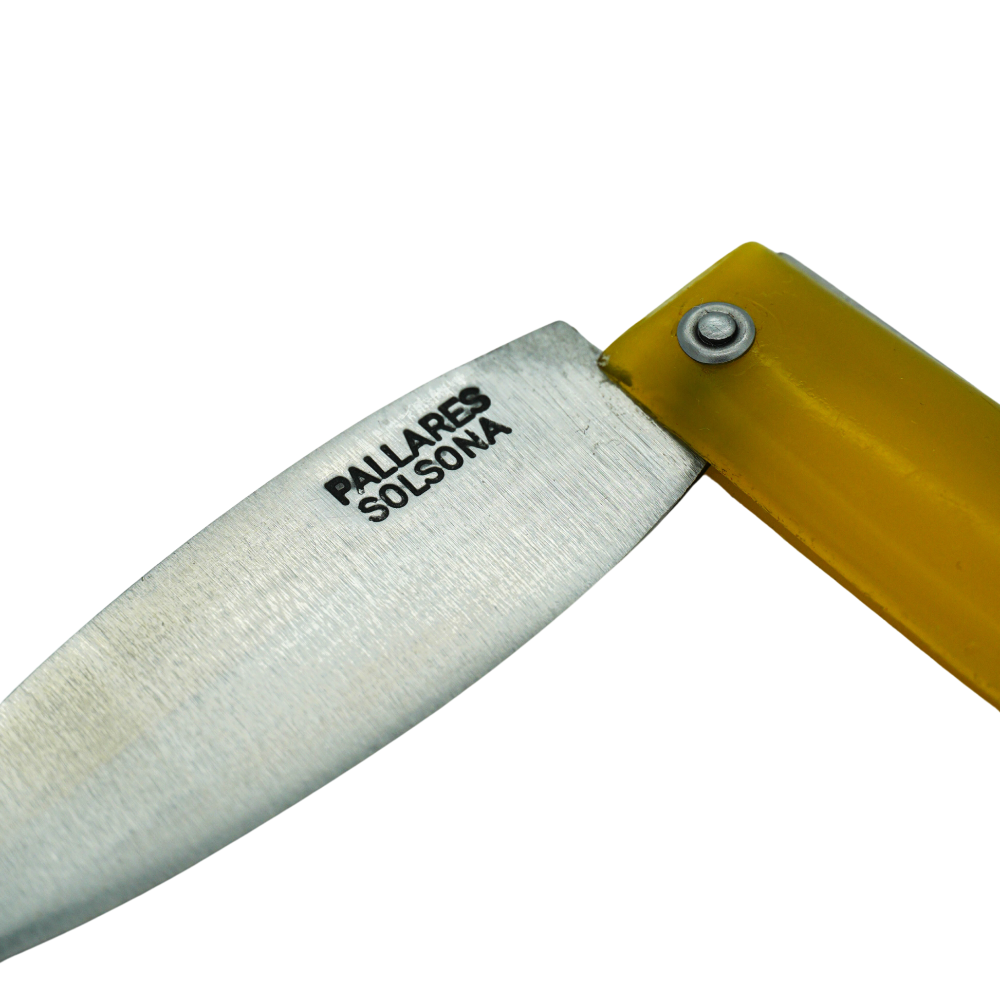 Close up on the logo of the semi folded view of the Pallares Solsona Pocket Knife Comun 8cm Carbon Steel Plastic Handle