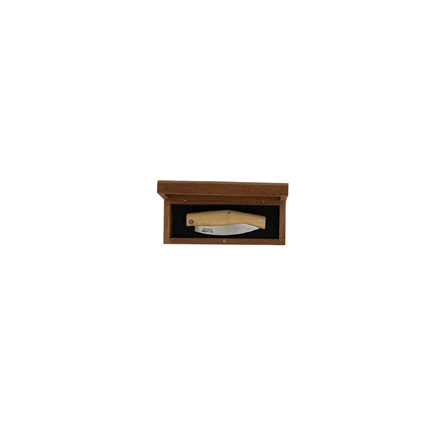 Pallares Solsona pocket knife wooden gift box top view open with folded knife inside
