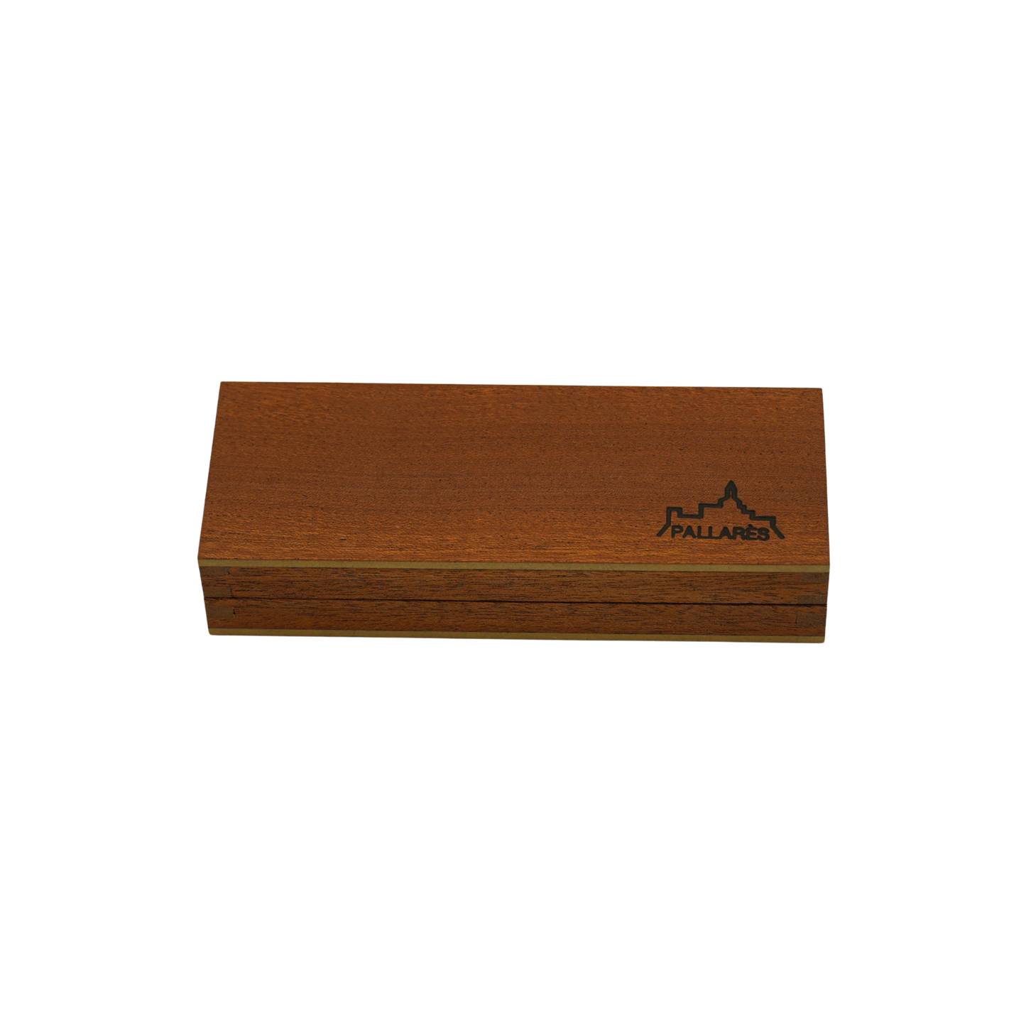 Close wooden box with the logo and showing the box depth from Pallares Solsona Pocket Knife Wood Gift Box