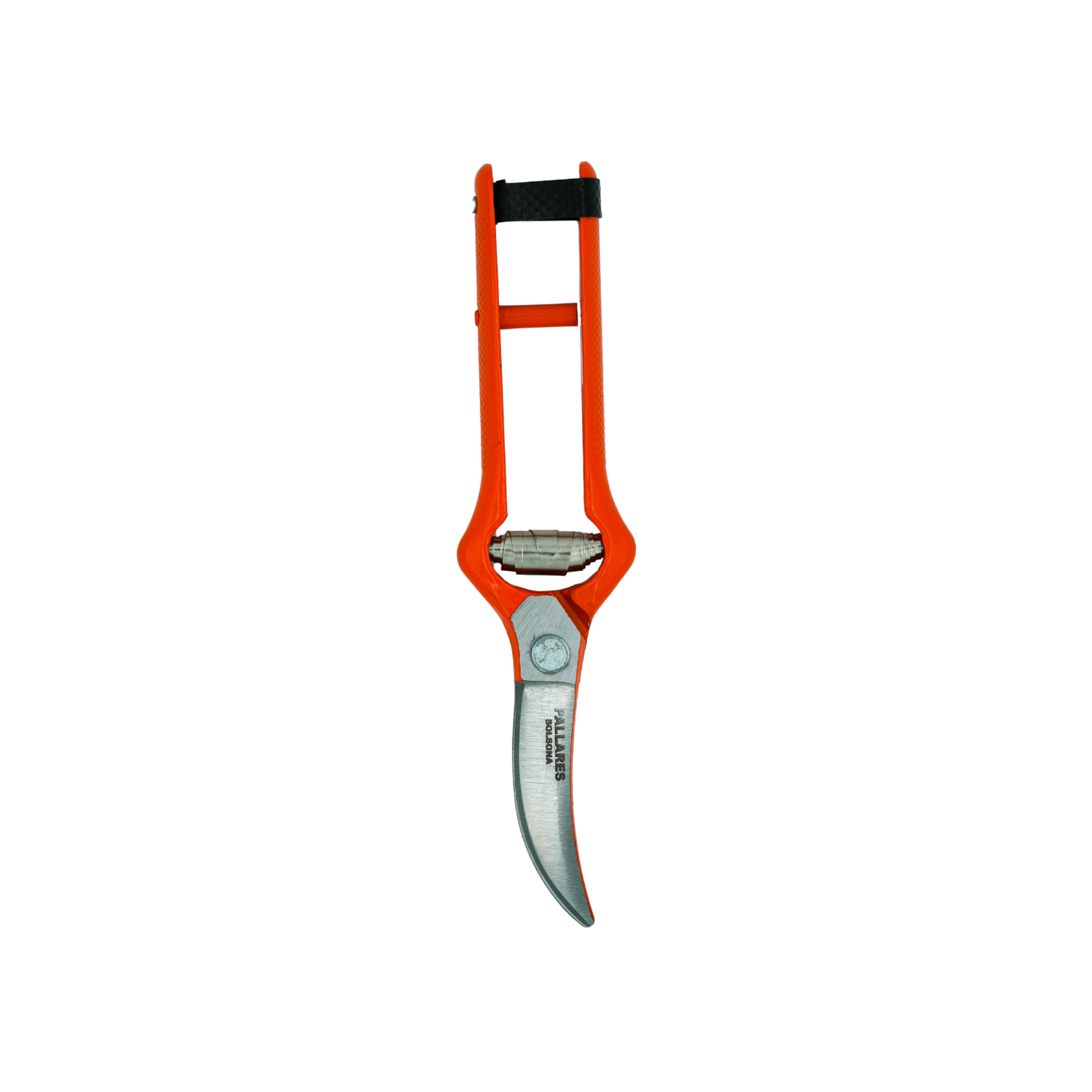 Tip down view of the Pallares Solsona Pruning Shears 19cm Curved Blade Carbon Steel Red Handle
