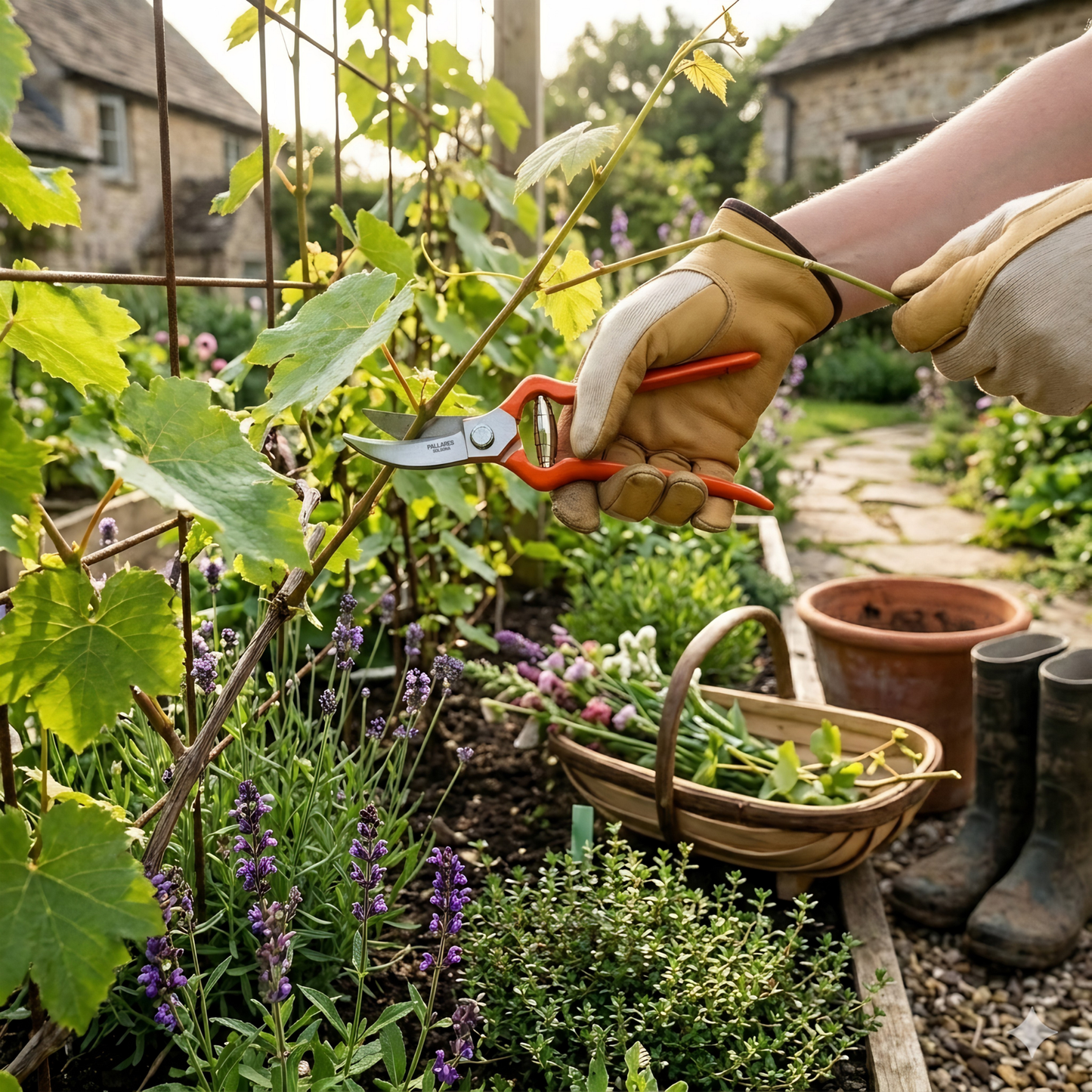 Pallares Solsona Pruning Shears 19cm Curved Blade Carbon Steel Red Handle shown in use in the garden.
