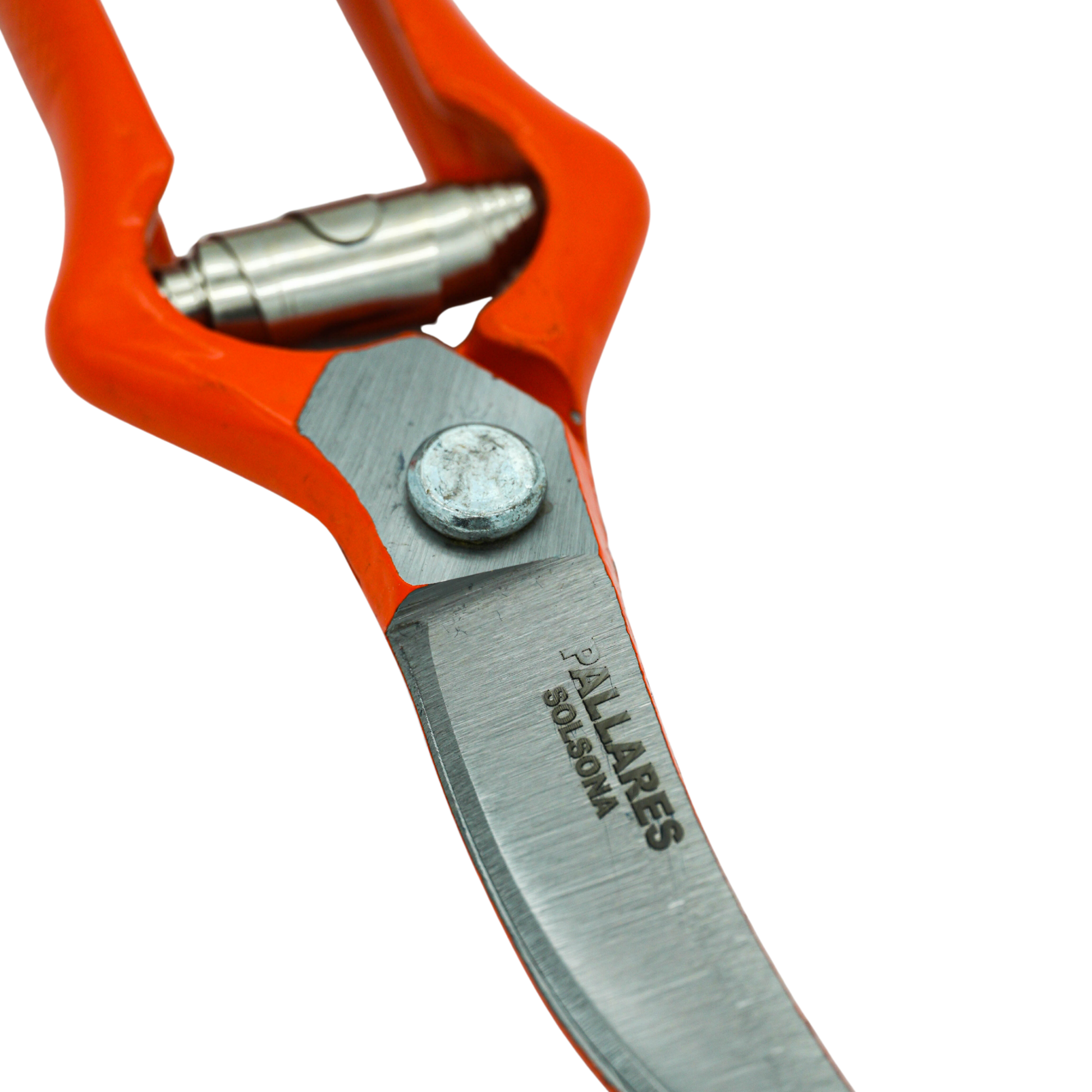 Close up on the logo of the Pallares Solsona Pruning Shears 19cm Curved Blade Carbon Steel Red Handle