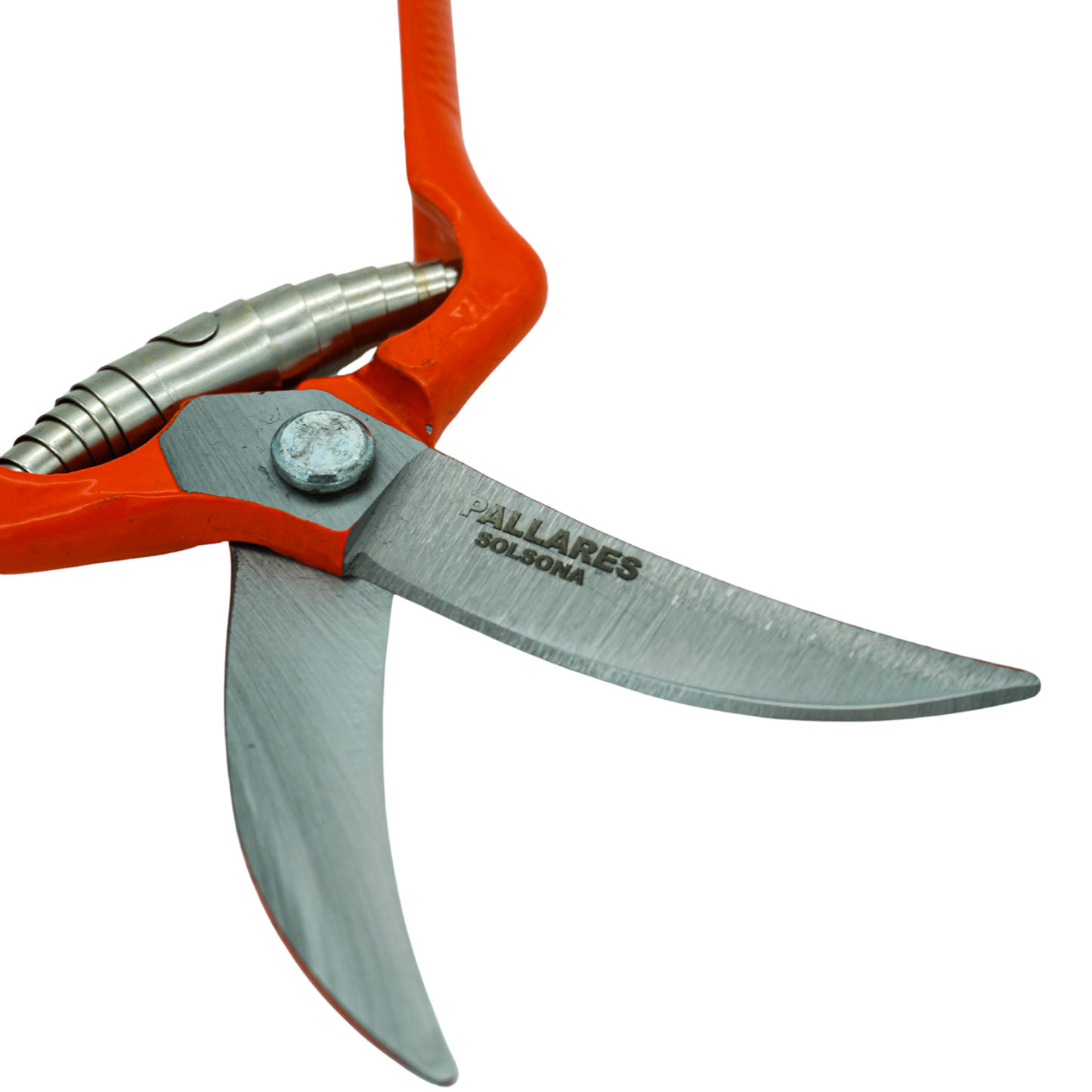 Open and showing the logo of the Pallares Solsona Pruning Shears 19cm Curved Blade Carbon Steel Red Handle