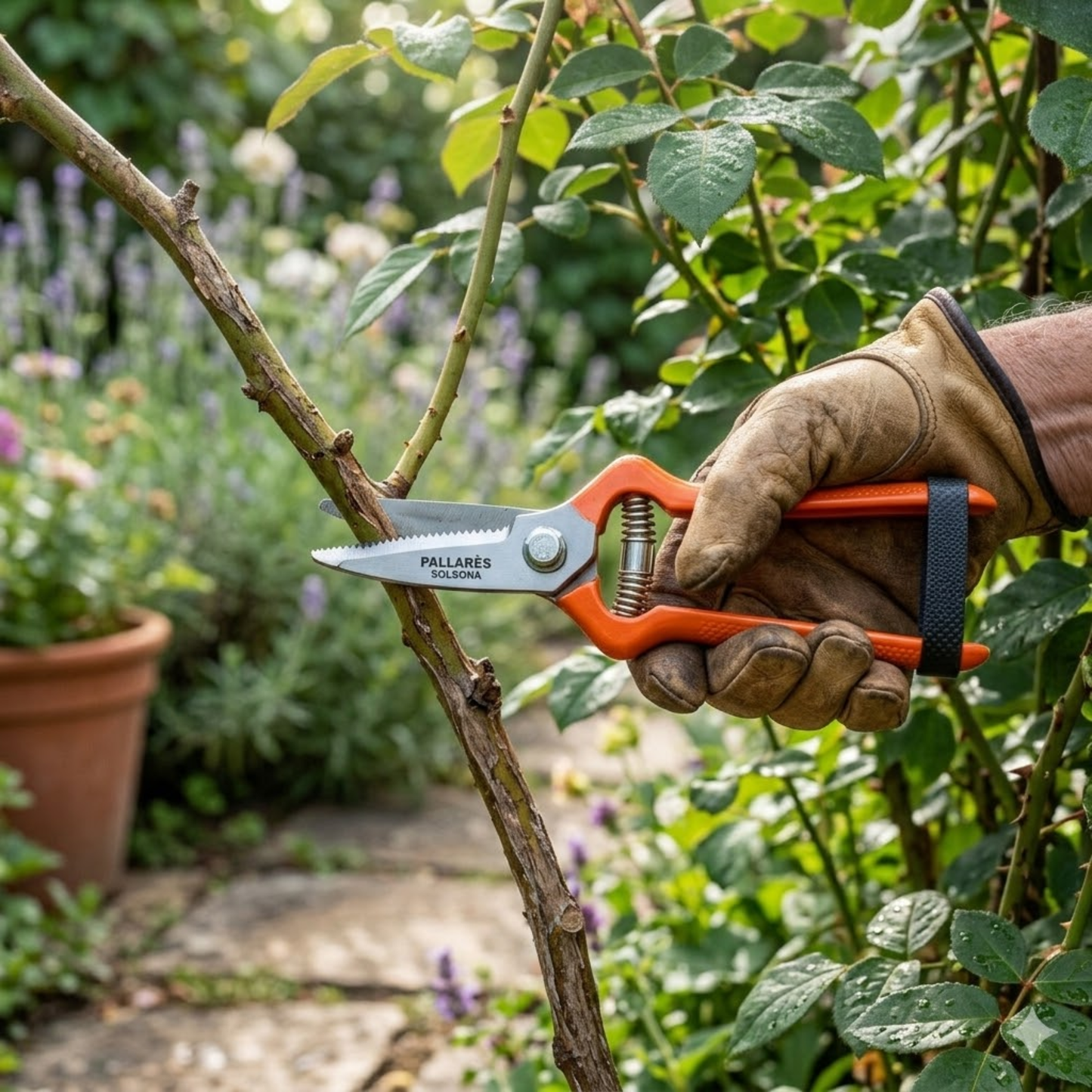 Pallares Solsona Pruning Shears 19cm Straight Blade Carbon Steel Red Handle shown in use in the garden.
