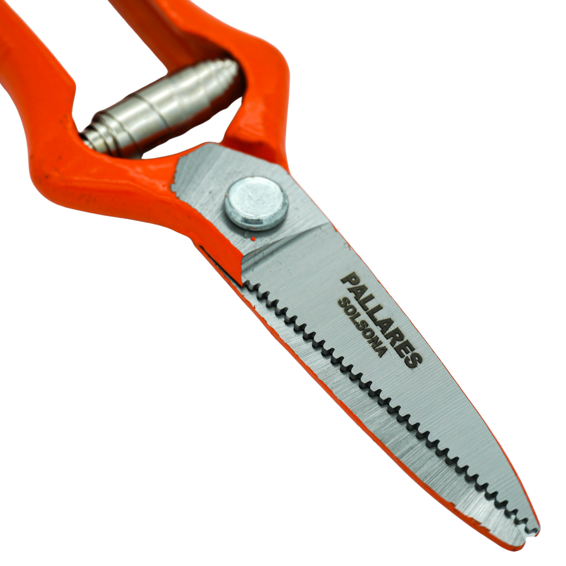 Close up on the logo of the Pallares Solsona Pruning Shears 19cm Straight Blade Carbon Steel Red Handle