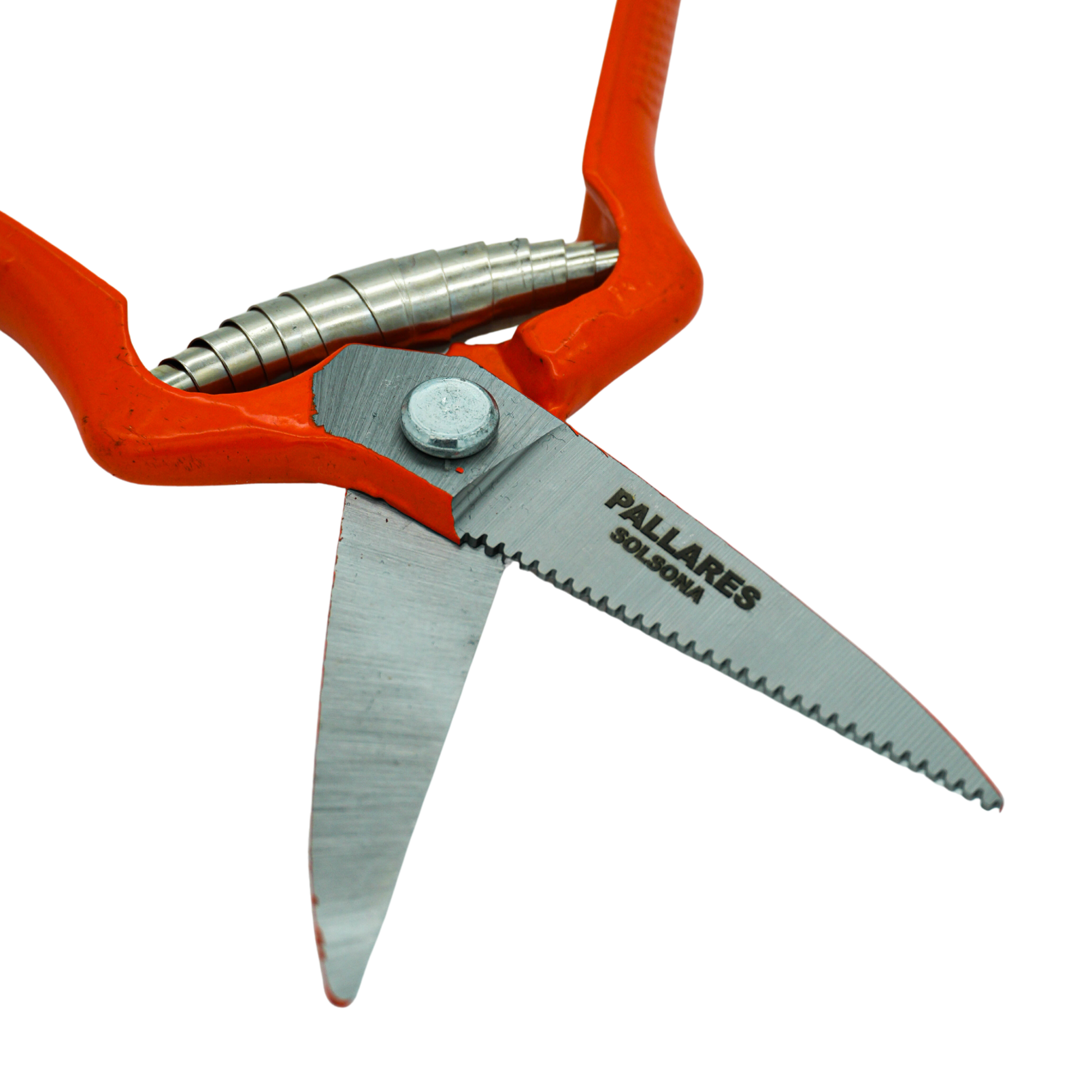 Open and showing the logo of the Pallares Solsona Pruning Shears 19cm Straight Blade Carbon Steel Red Handle