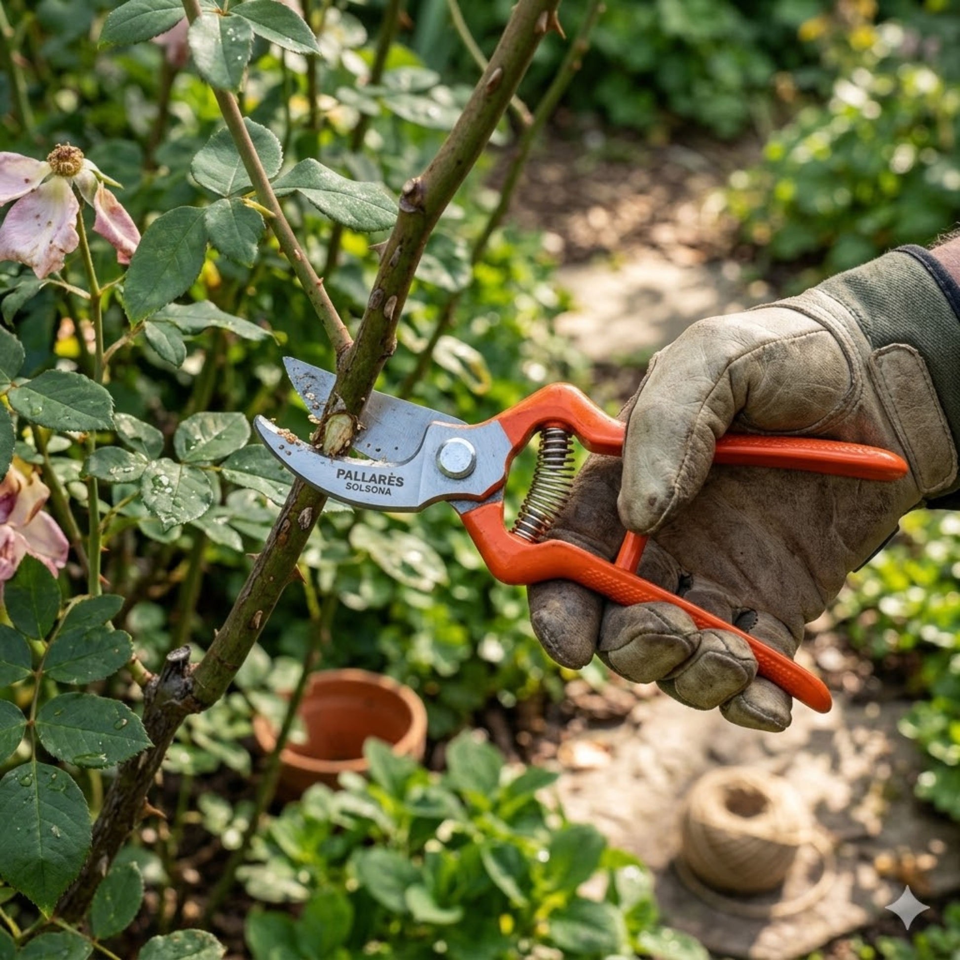 Pallares Solsona Pruning Shears 22cm Classic Blade Carbon Steel Red Handle shown in use in the garden.