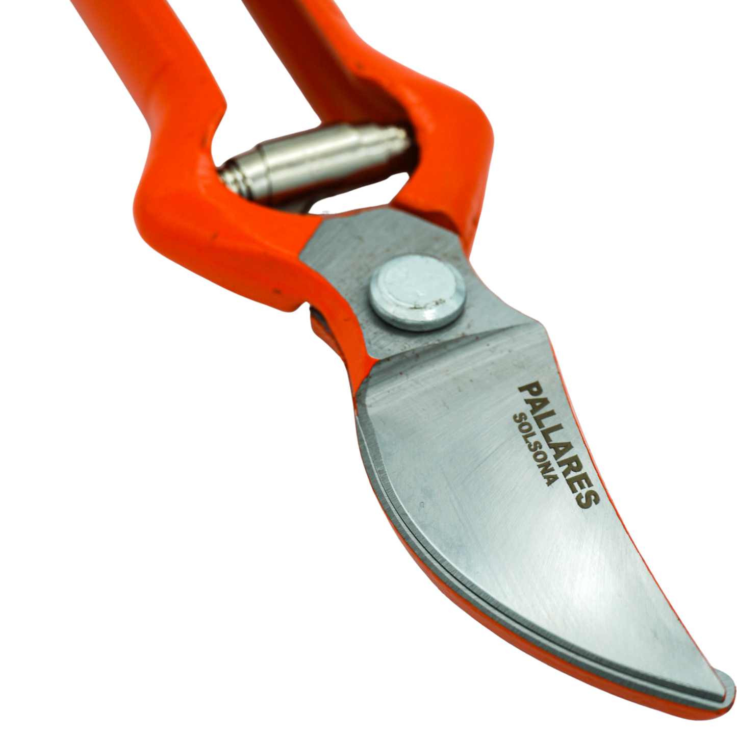 Close up on the logo of the Pallares Solsona Pruning Shears 22cm Classic Blade Carbon Steel Red Handle