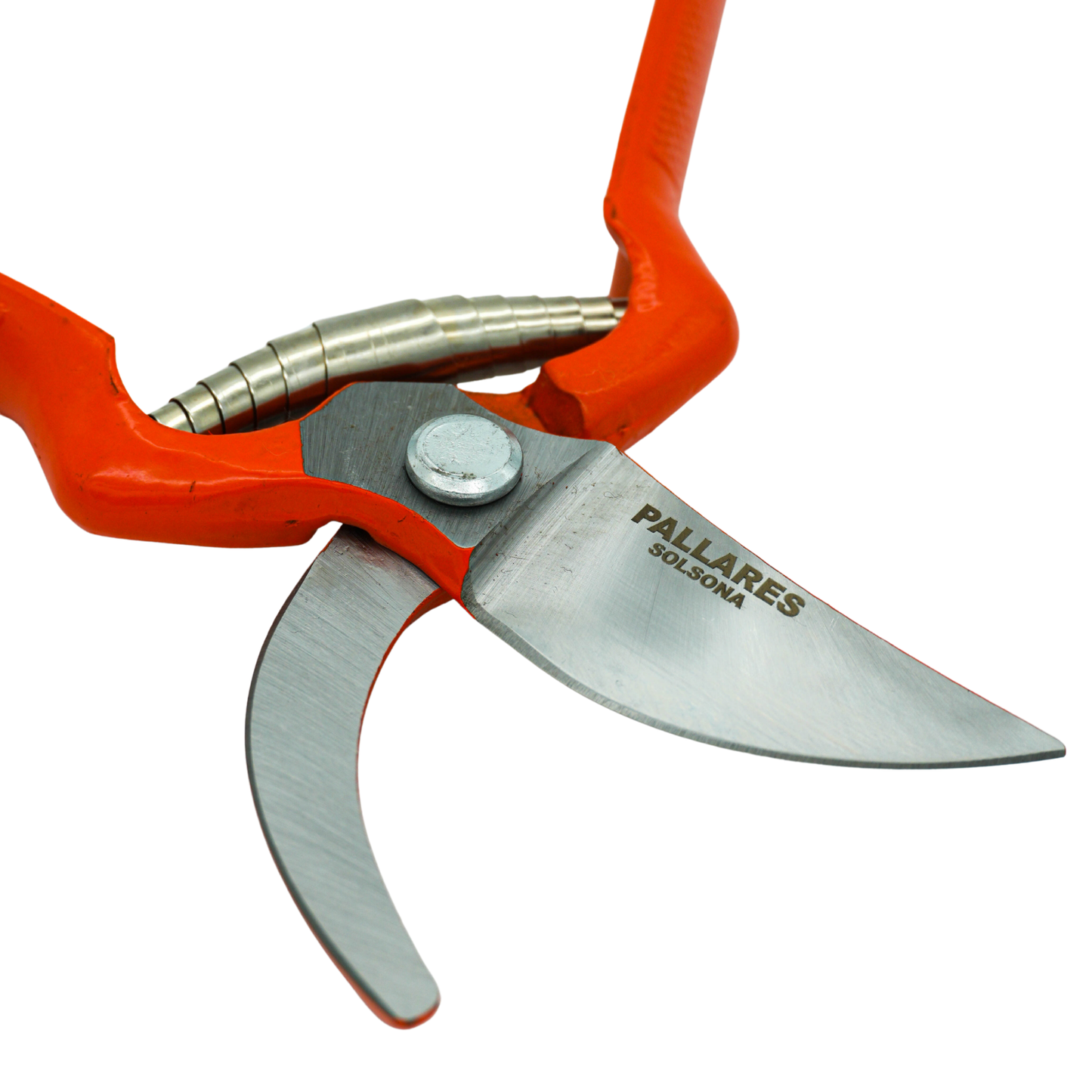 Open and showing the logo of the Pallares Solsona Pruning Shears 22cm Classic Blade Carbon Steel Red Handle
