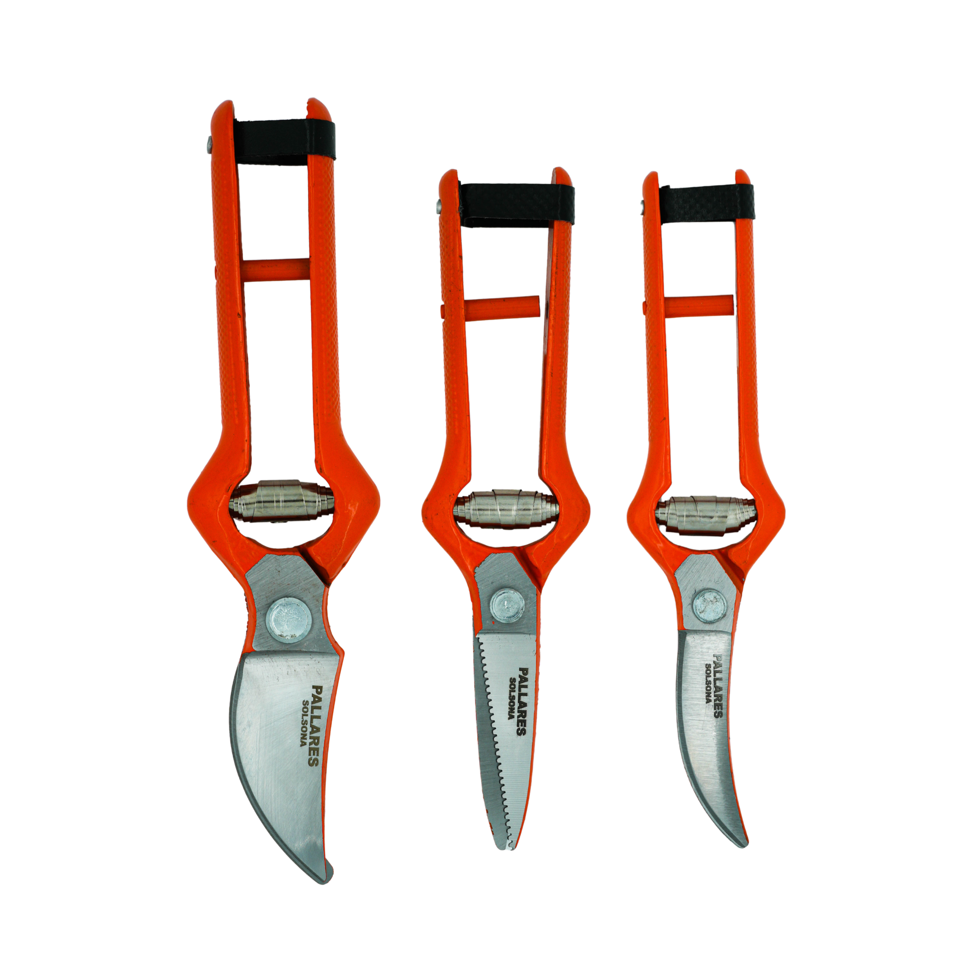 Showing the three types of prunish shears that has the Pallares Solsona Pruning Shears 22cm Classic Blade Carbon Steel Red Handle.