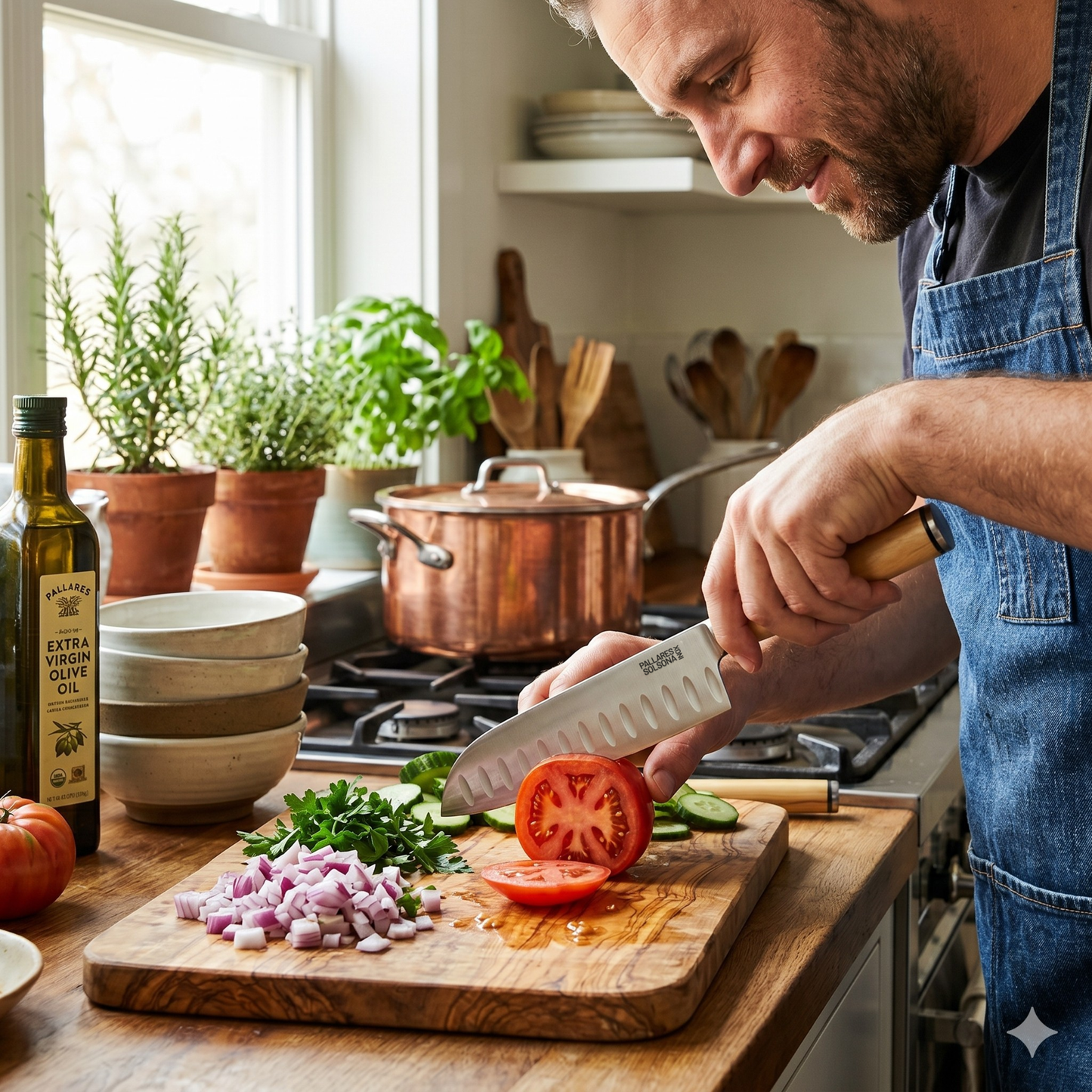 Pallares Solsona Santoku Knife 17cm Stainless Steel Boxwood Handle shown in use in the kitchen.