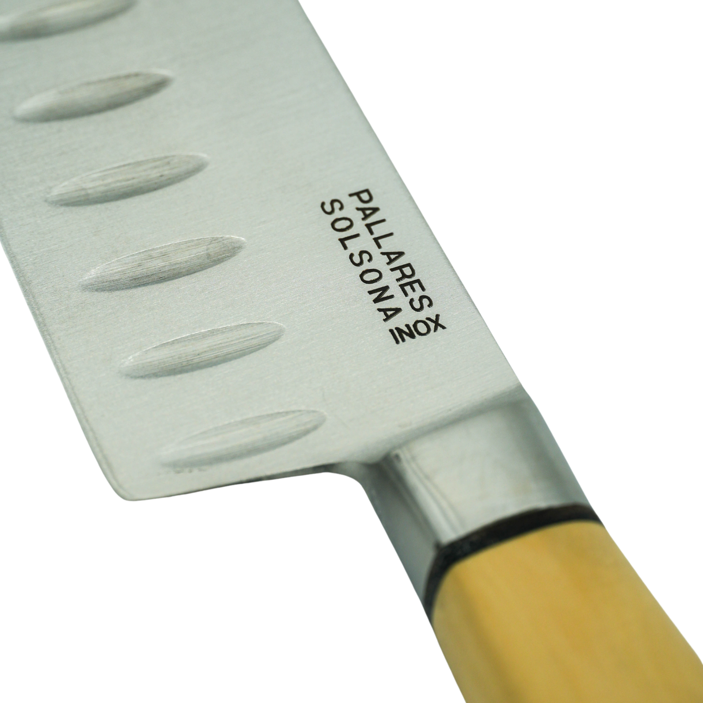 Close up on the knife logo from Pallares Solsona Santoku Knife 17cm Stainless Steel Boxwood Handle