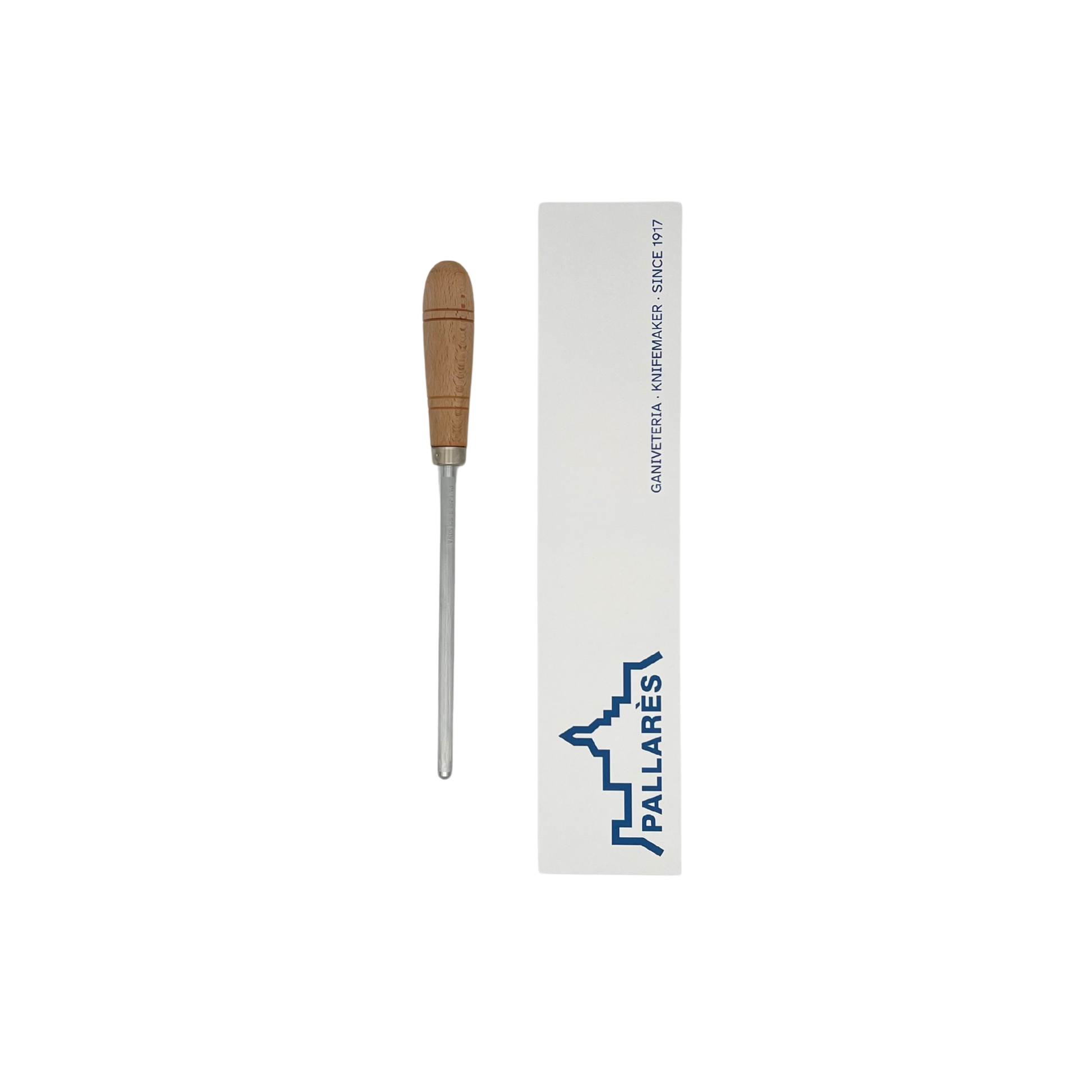 Pallares Solsona 20cm sharpening steel with beech handle front view with packaging box beside it