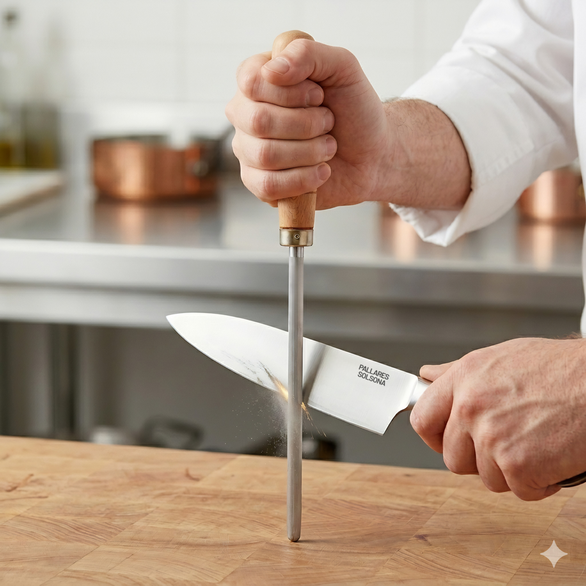 Pallares Solsona Sharpening Steel 20cm Beech Handle shown in use in the kitchen.