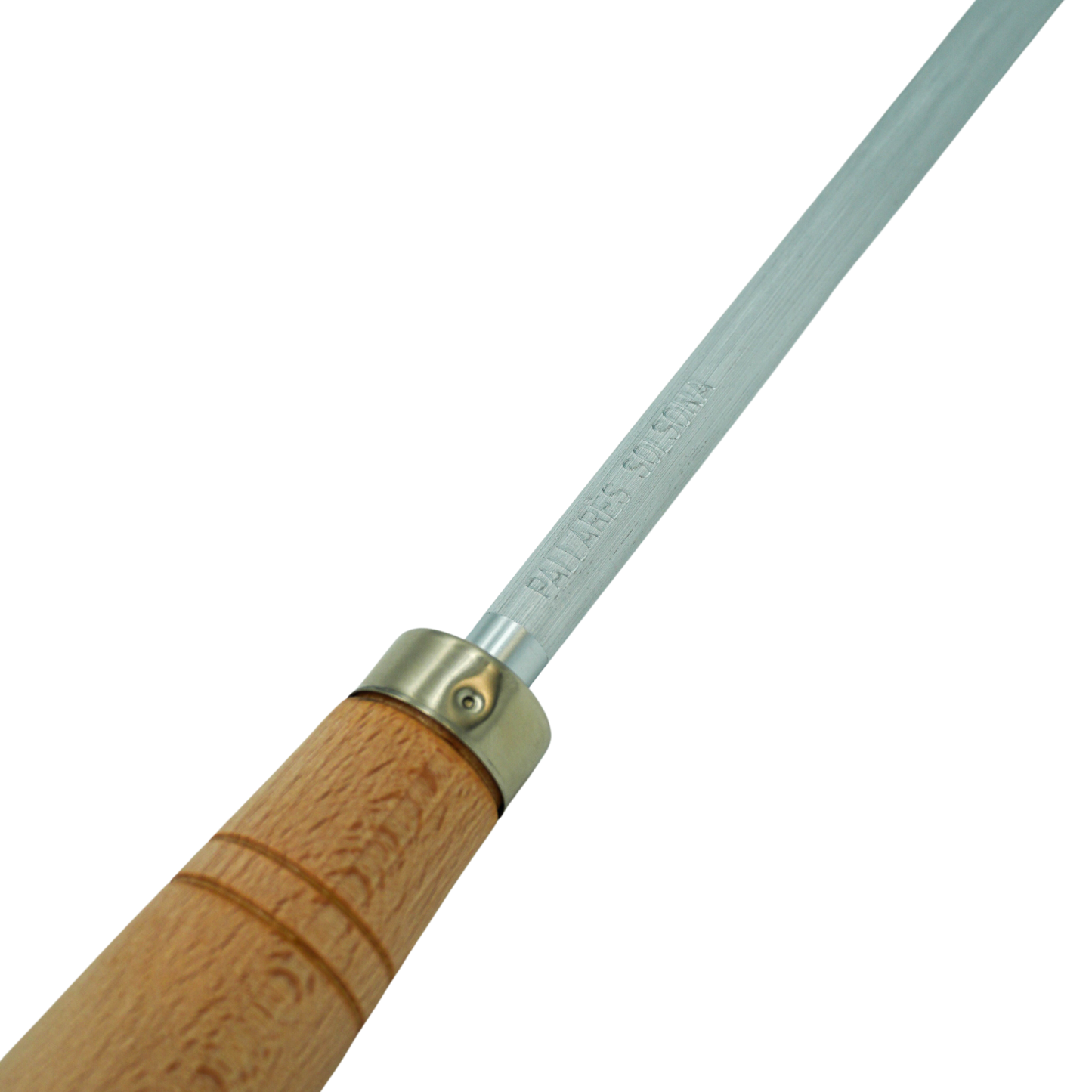 Close up on the knife logo from Pallares Solsona Sharpening Steel 20cm Beech Handle