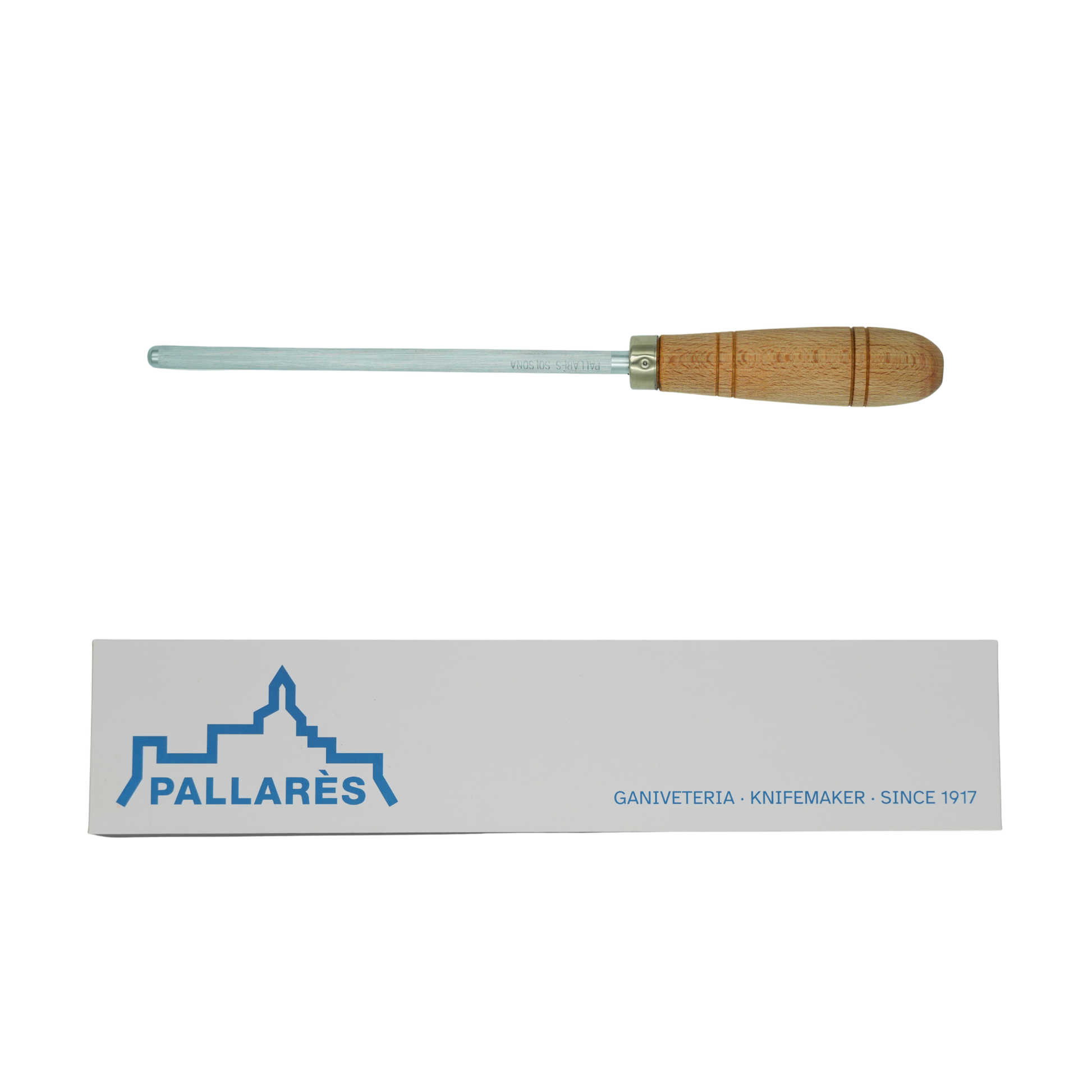 Showing the knife and the box from Pallares Solsona Sharpening Steel 20cm Beech Handle