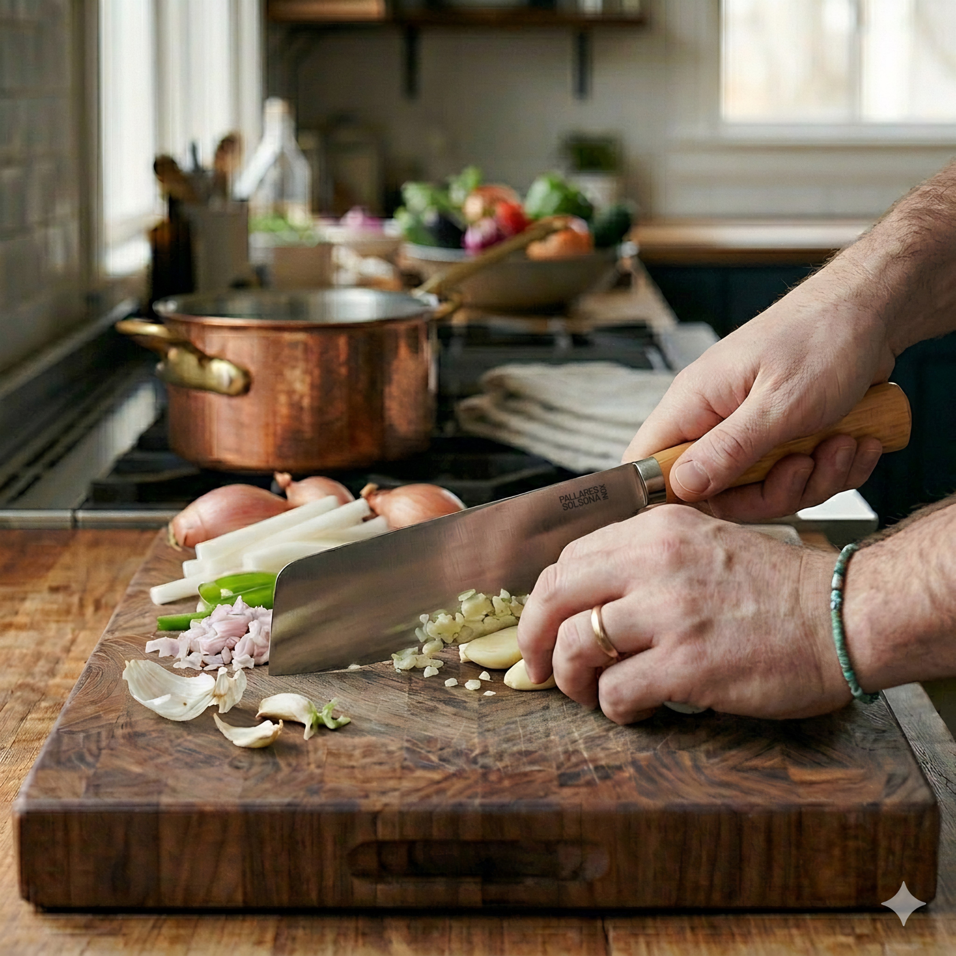 Pallares Solsona Usuba Knife 17.5cm Stainless Steel Boxwood Handle shown in use in the kitchen.