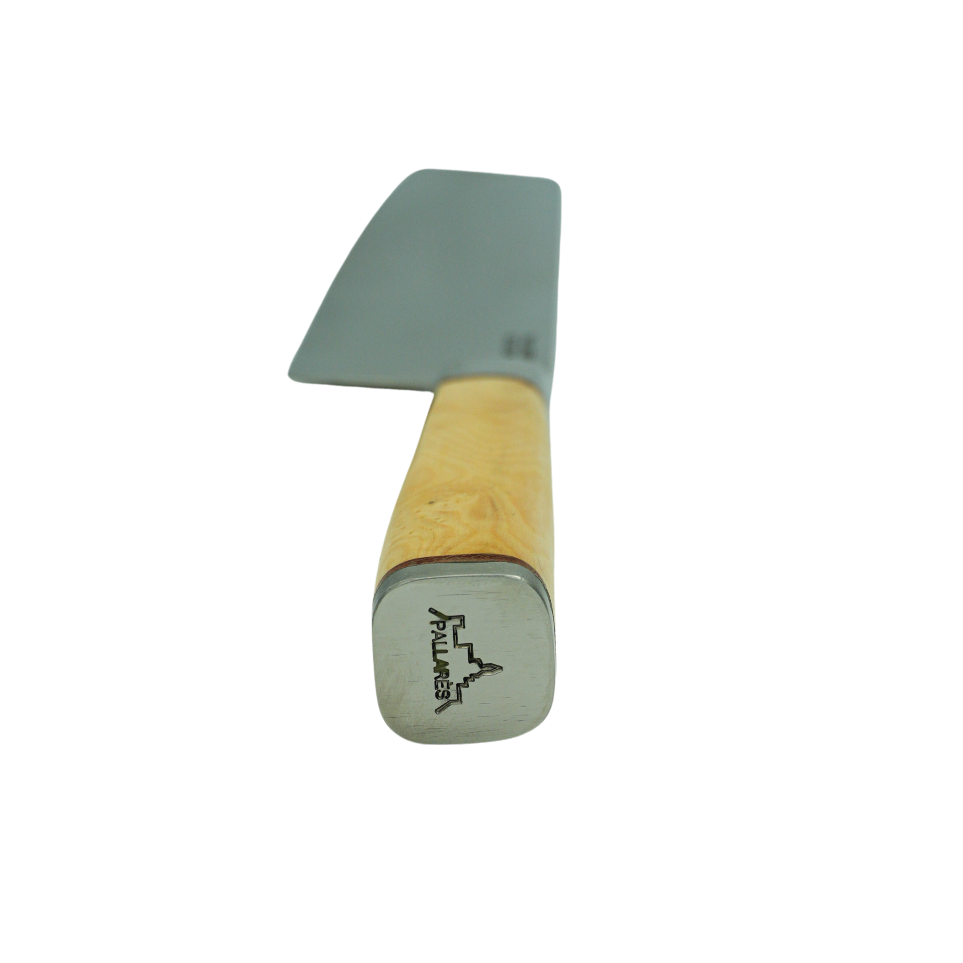 Close up on the bottom handle logo from Pallares Solsona Usuba Knife 17.5cm Stainless Steel Boxwood Handle