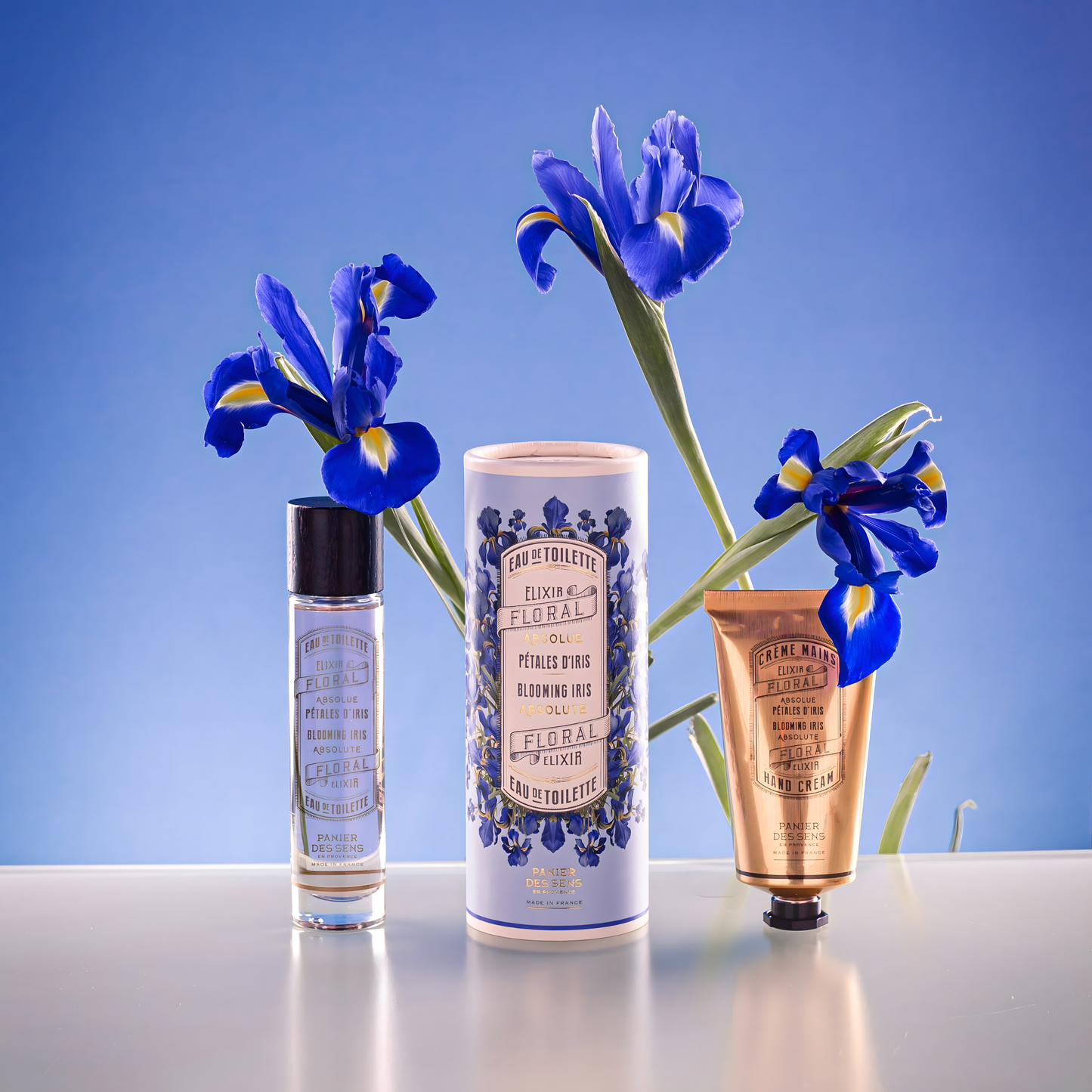 Fathom Blooming Iris hand cream 75ml with other products, a natural moisturizing hand lotion made with olive oil and iris, made in France.