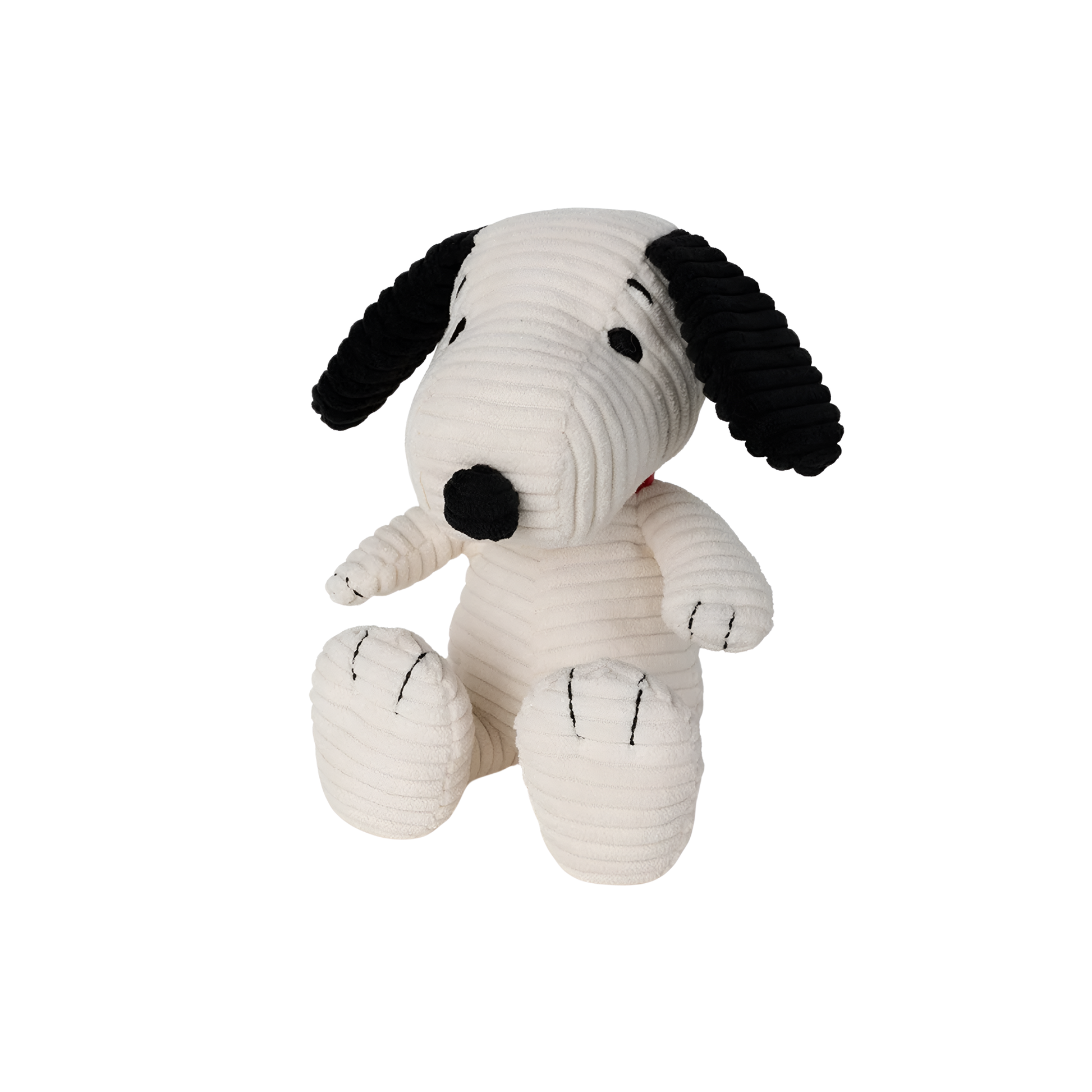 Semi side view of the Peanuts Snoopy Corduroy 19cm Cream, made from best corduroy, hand made and contains 100% recycled polyester, the world famous dog Snoopy can be paired with his little yellow friend Woodstuck.