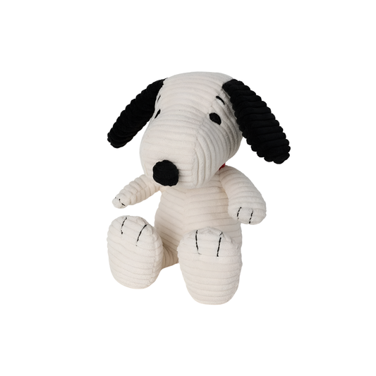 Semi side view of the Peanuts Snoopy Corduroy 19cm Cream, made from best corduroy, hand made and contains 100% recycled polyester, the world famous dog Snoopy can be paired with his little yellow friend Woodstuck.